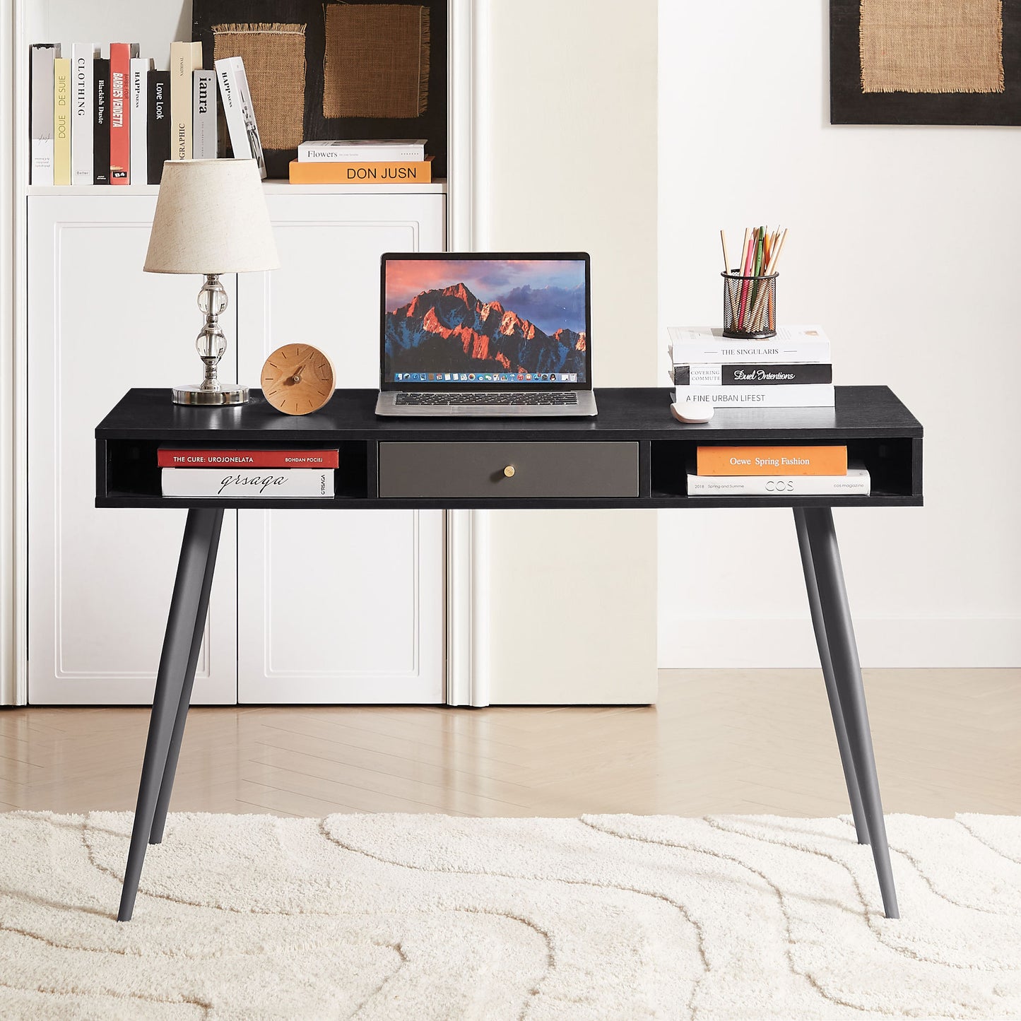 Mid Century Desk with USB Ports and Power Outlet, Modern Writing Study Desk with Drawers, Multifunctional Home Office Computer Desk Black