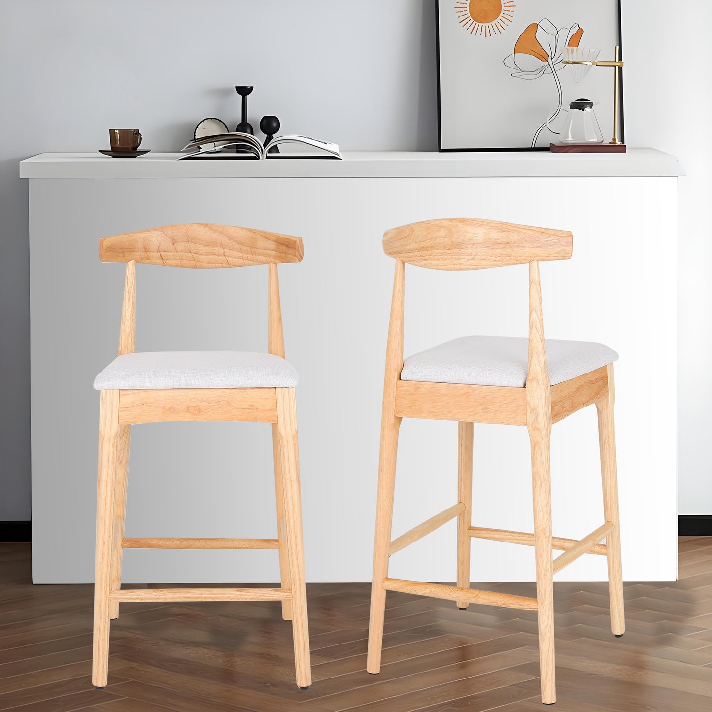 Mid-Century Modern Design Solid Wood 24' Counter Stools ,Upholstered Counter Stools with Wood Legs for Kitchen Island Dining Room Bar(Nature Frame And Beige Cushion)