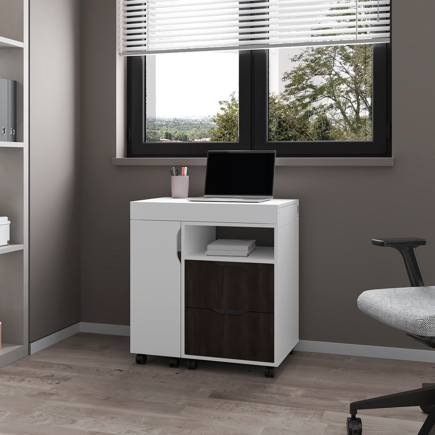 Loris Extendable Desk with Two Drawers, Open Shelves, and Sliding Mechanism