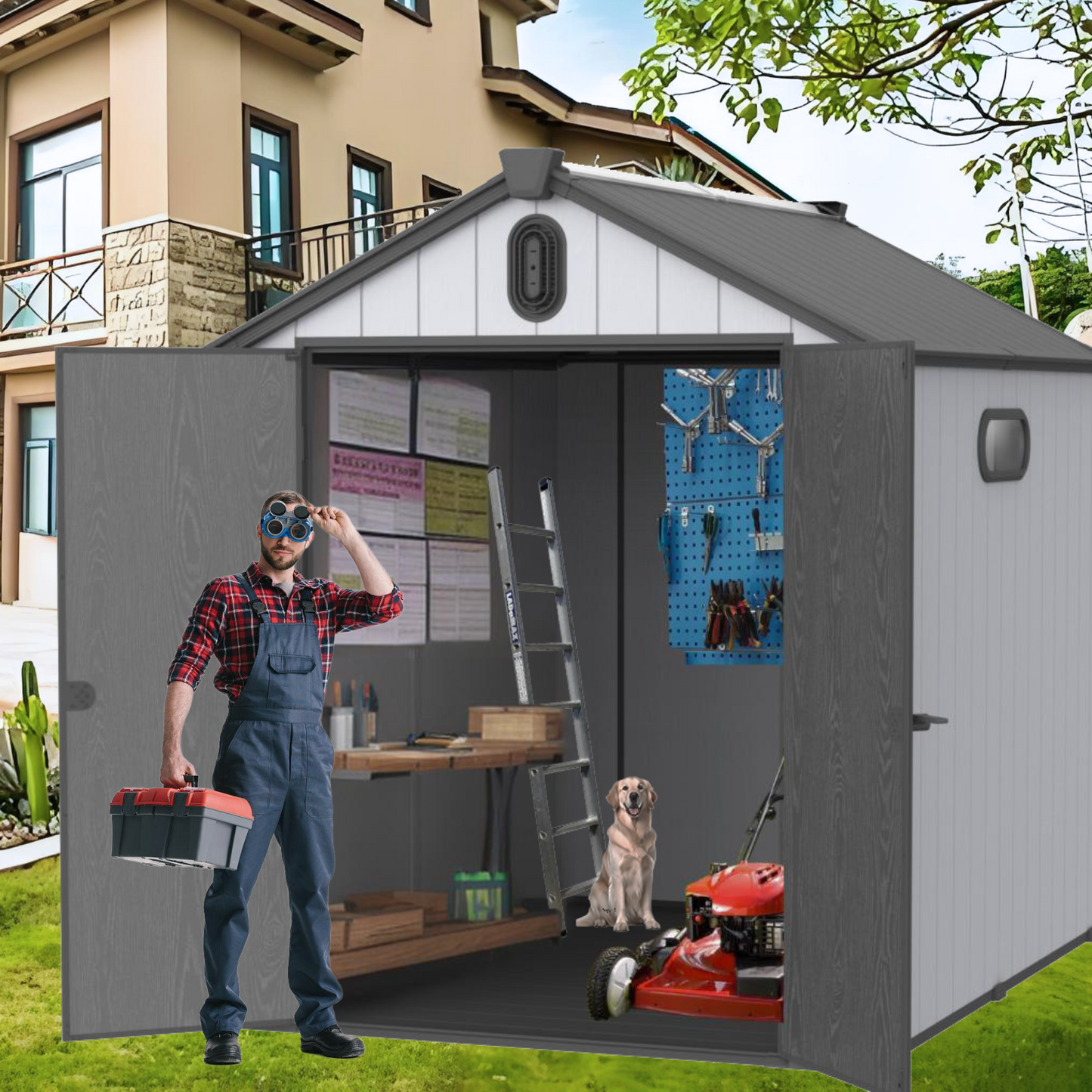 XWT012-1 6*8ft resin plastic storage shed for backyard garden big spire Tool storage