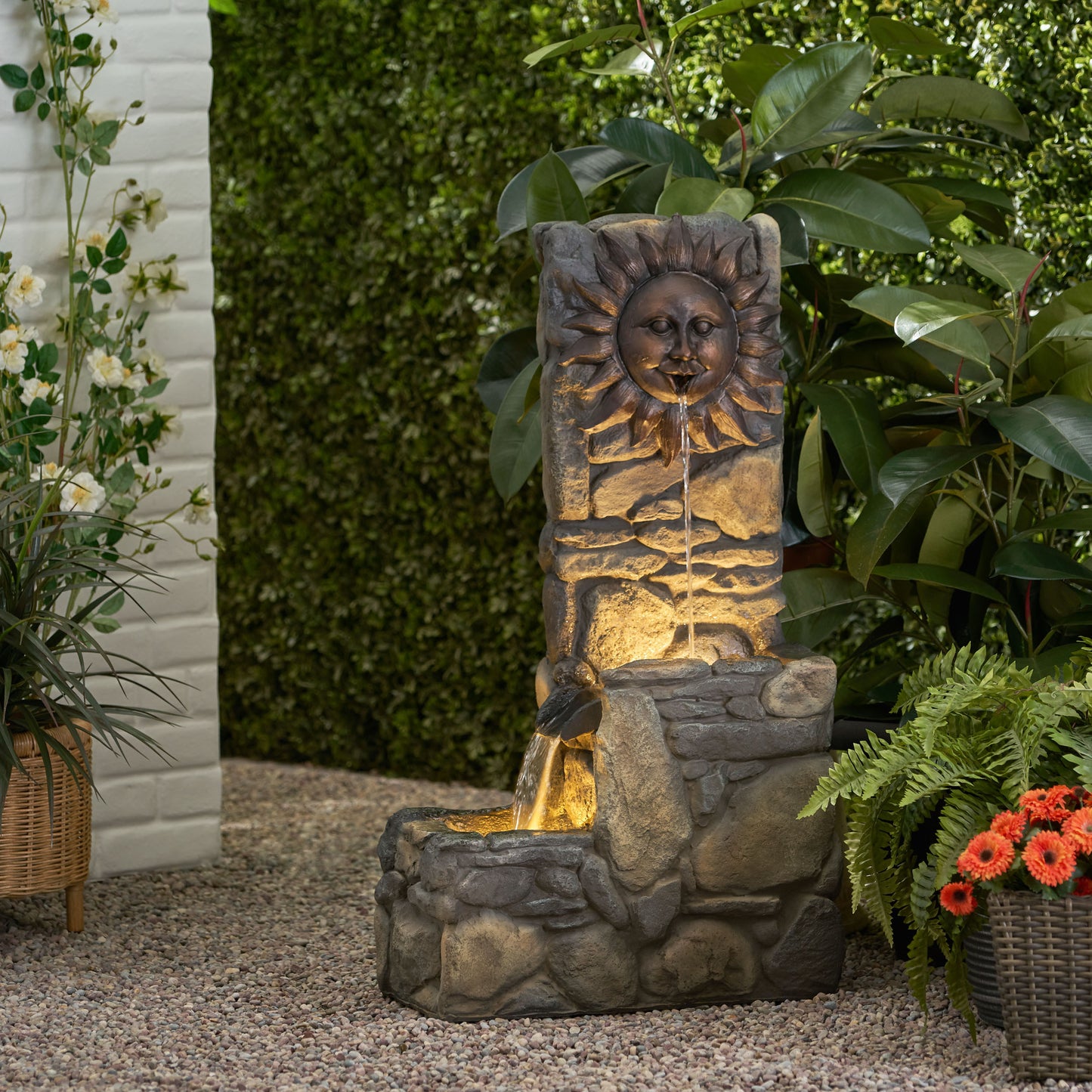 36.5' High AZA FOUNTAIN, Hand Crafted Weather Resistant Floor Fountain with Light, Stone Gray