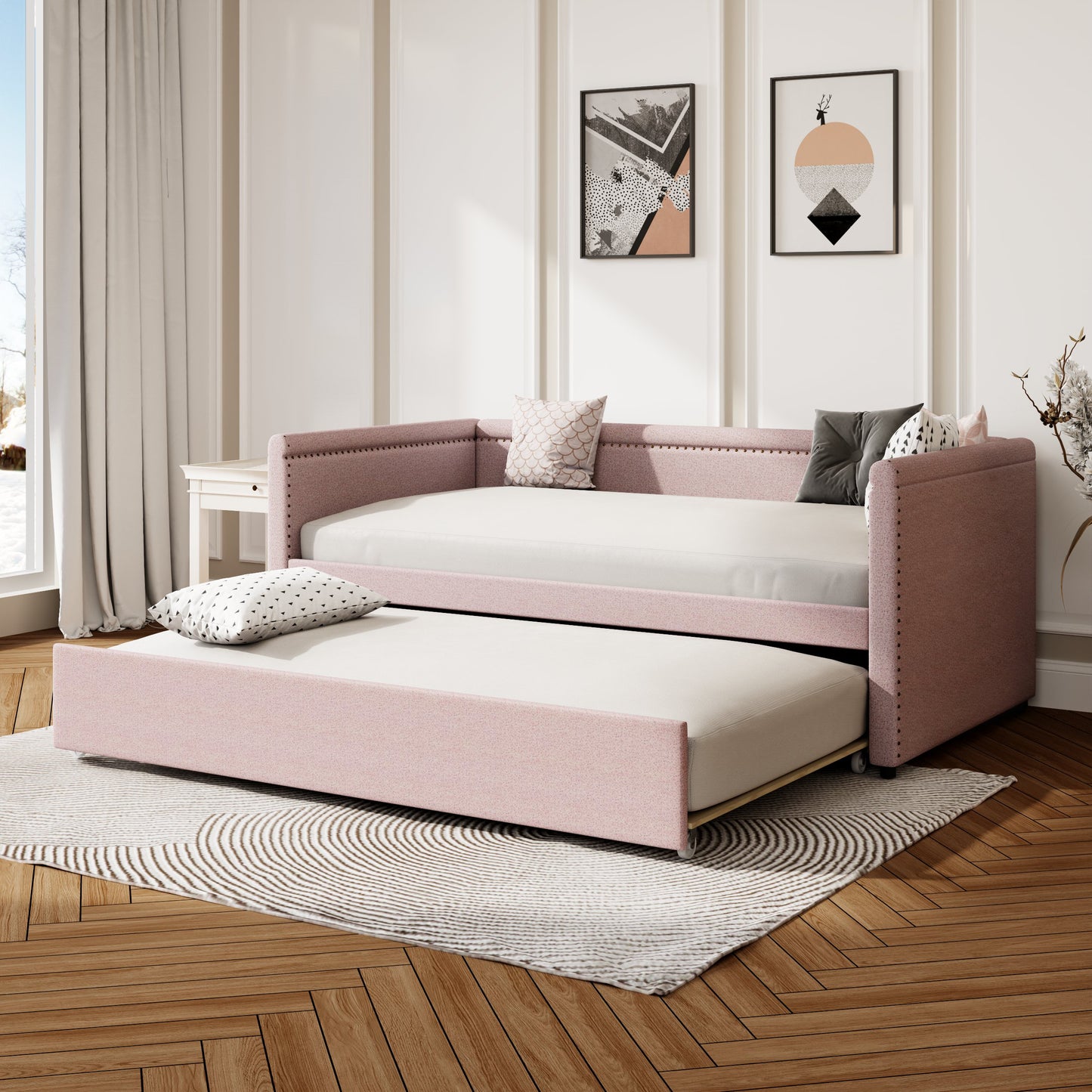 Modern Style Twin Size Upholstered Daybed with Trundle for Guest Room, Small Bedroom, Study Room, Pink