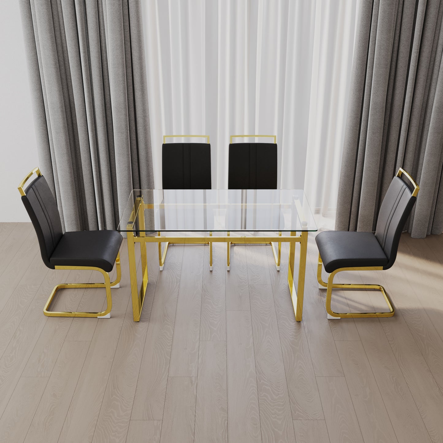 51 inch Glass Dining Table Set for 4, Dining Table & Chair Sets with Golden Plating Legs for Kitchen, Modern Rectangle Tempered Glass Table Top and PU Dining armless Chair for Dining Room