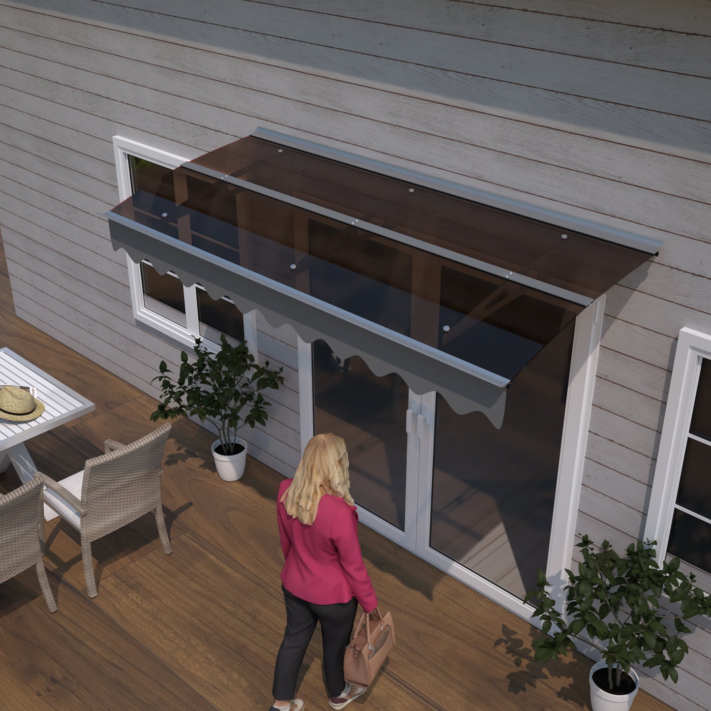 79' x 34' Window Awnings Door Entrance Canopy, Aluminum Alloy Bracket, 0.137 Inch Thick Crystal Solid Polycarbonate Sheet with Valance for Wooden Wall House (DA7934W Series Brown Roof)