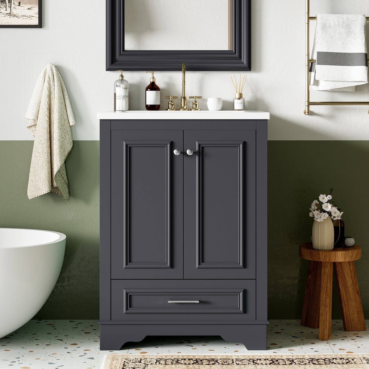 24'' Bathroom Vanity with Ceramic Sink Combo, Modern Freestanding Storage Cabinet with Silver Handles, Soft Closing Doors