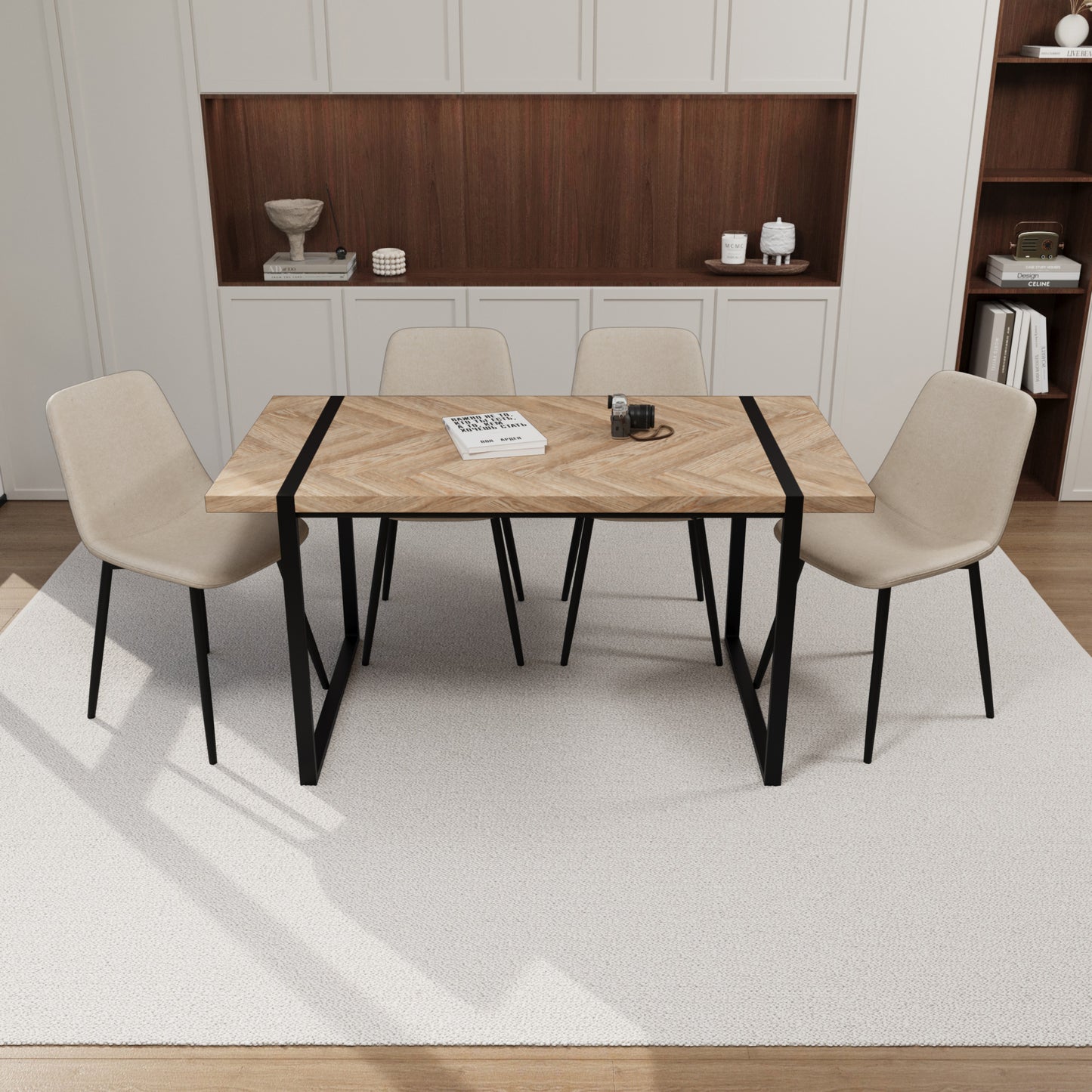 59' MDF light wood dining table and modern dining chair 4-piece set, medieval wooden kitchen dining table set, rectangular metal base, dining table and suede chair