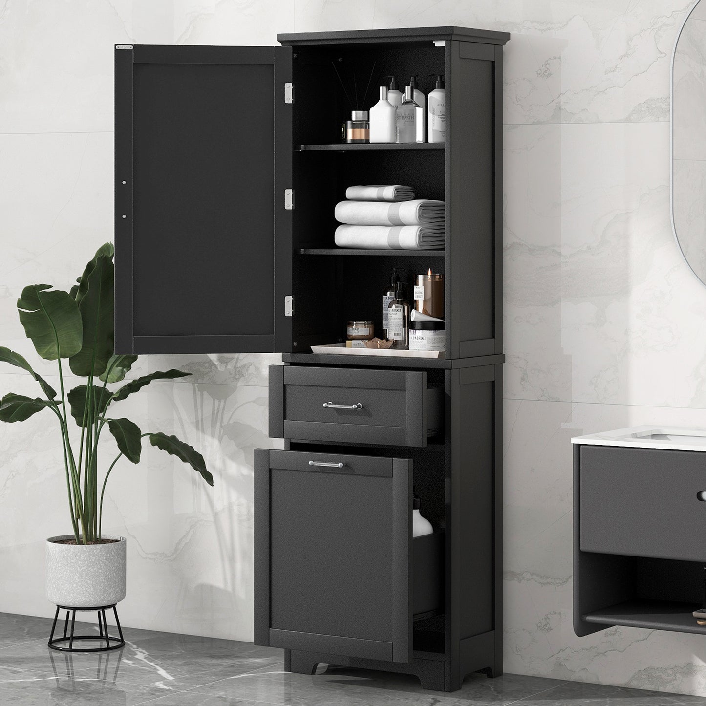 Tall Bathroom Storage Cabinet, Freestanding Storage Cabinet with Two Different Size Drawers and Adjustable Shelf, MDF Board with Painted Finish, Black