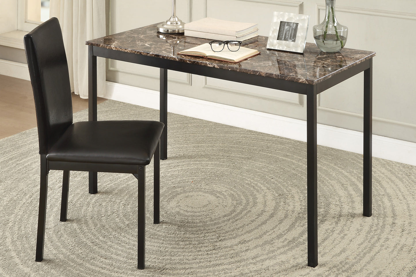 2pc Writing Desk and Chair Set Black Finish Metal Frame Faux Leather Upholstery Small Space Furniture Home Office