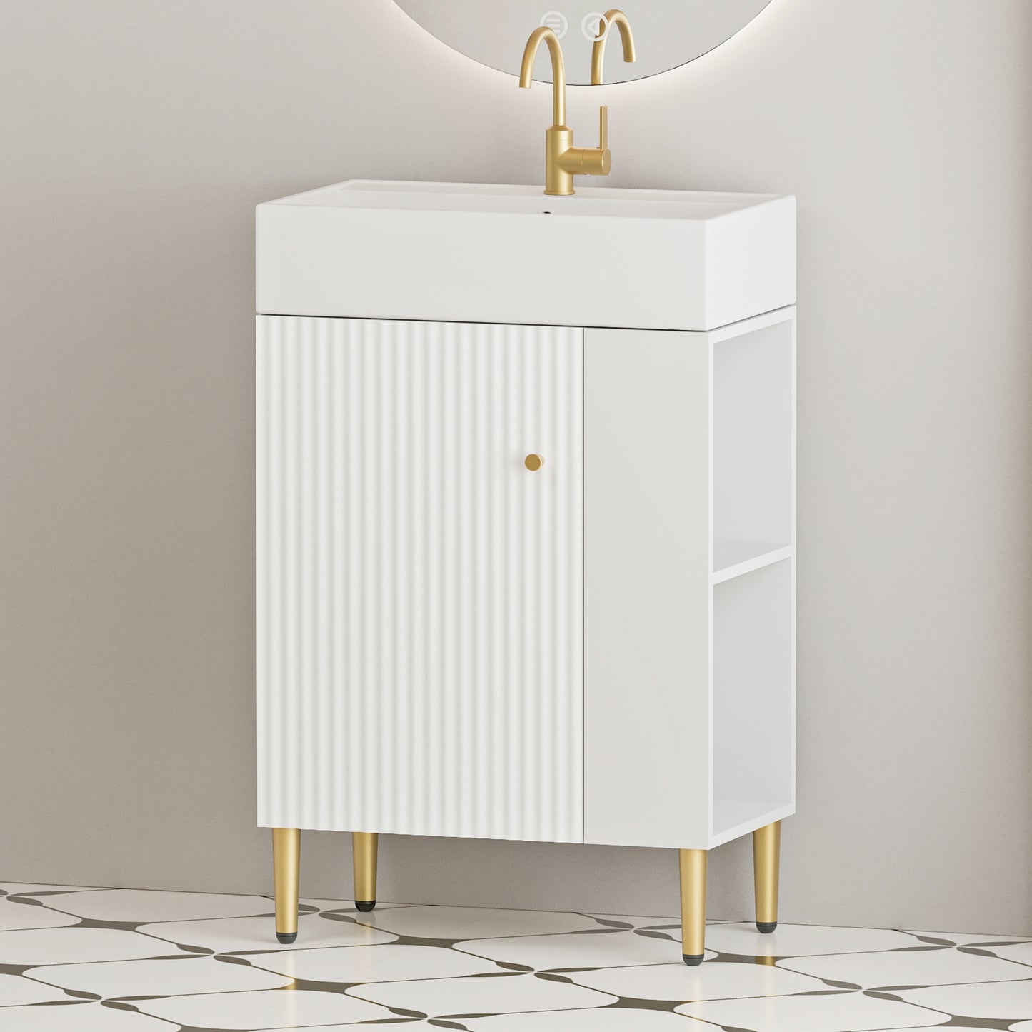21.6' Open-shelving Bathroom Vanity with Ceramic Sink and Soft-Closing Door, Cloakroom Open Shelf Storage Cabinet on the Right Side, Assembly Required, White 24VB06-21WHR