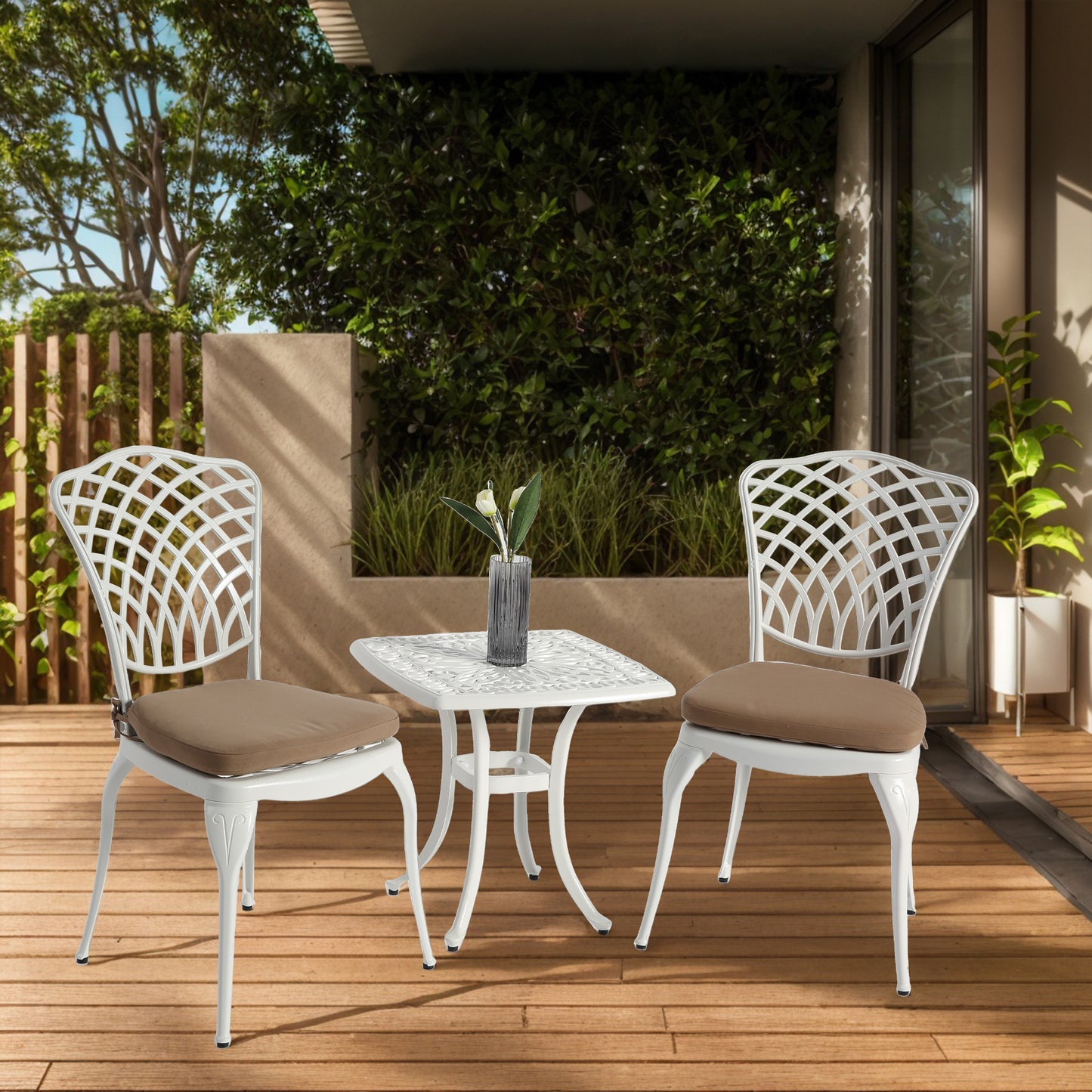 Bistro Set 3 Piece Rustproof Cast Aluminum Patio Furniture Sets 2 Chairs and 1 Round Table Outdoor, Garden, Patio,
Balcony, with cushion white