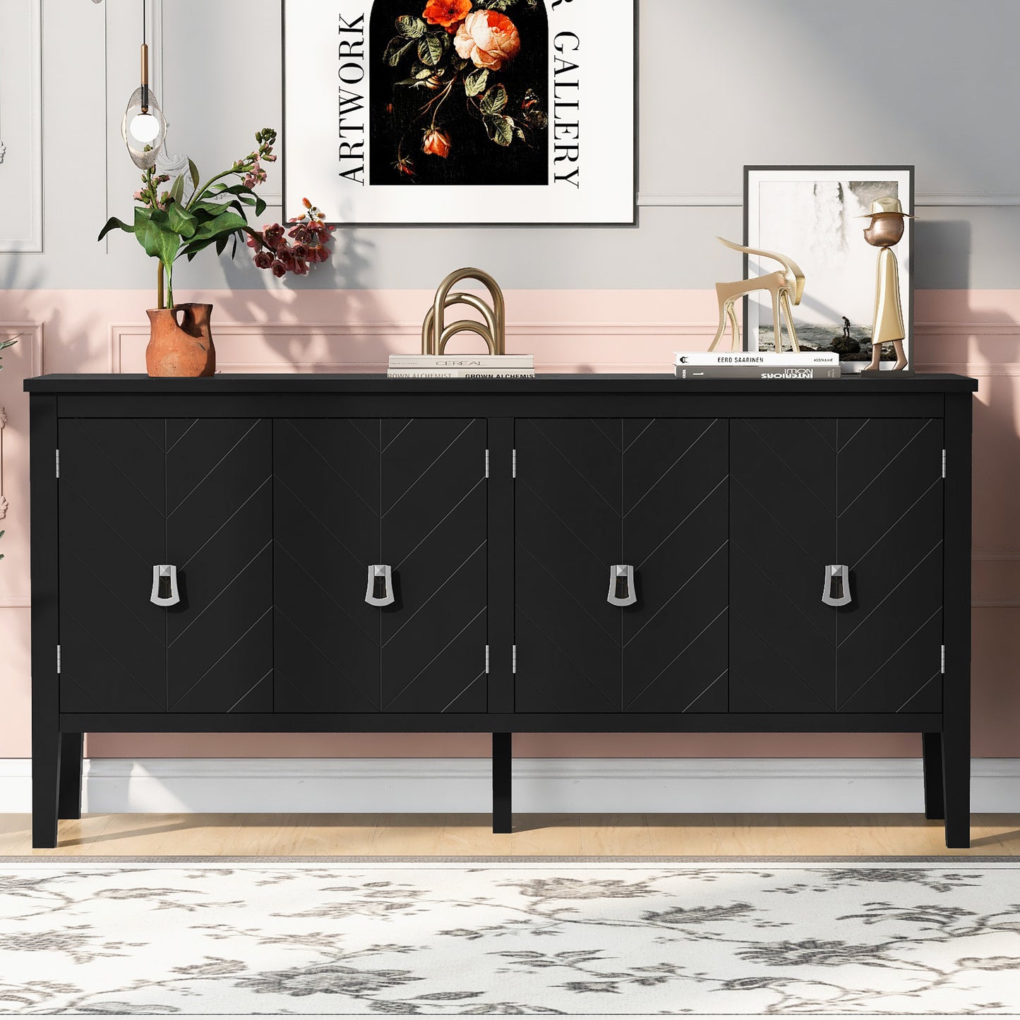 U_STYLE Four-Door Sideboard with Geometric Line Patterns and Vintage Metal Handles for Timeless Elegance,Suitable for Living Rooms, Entrance and Study Rooms