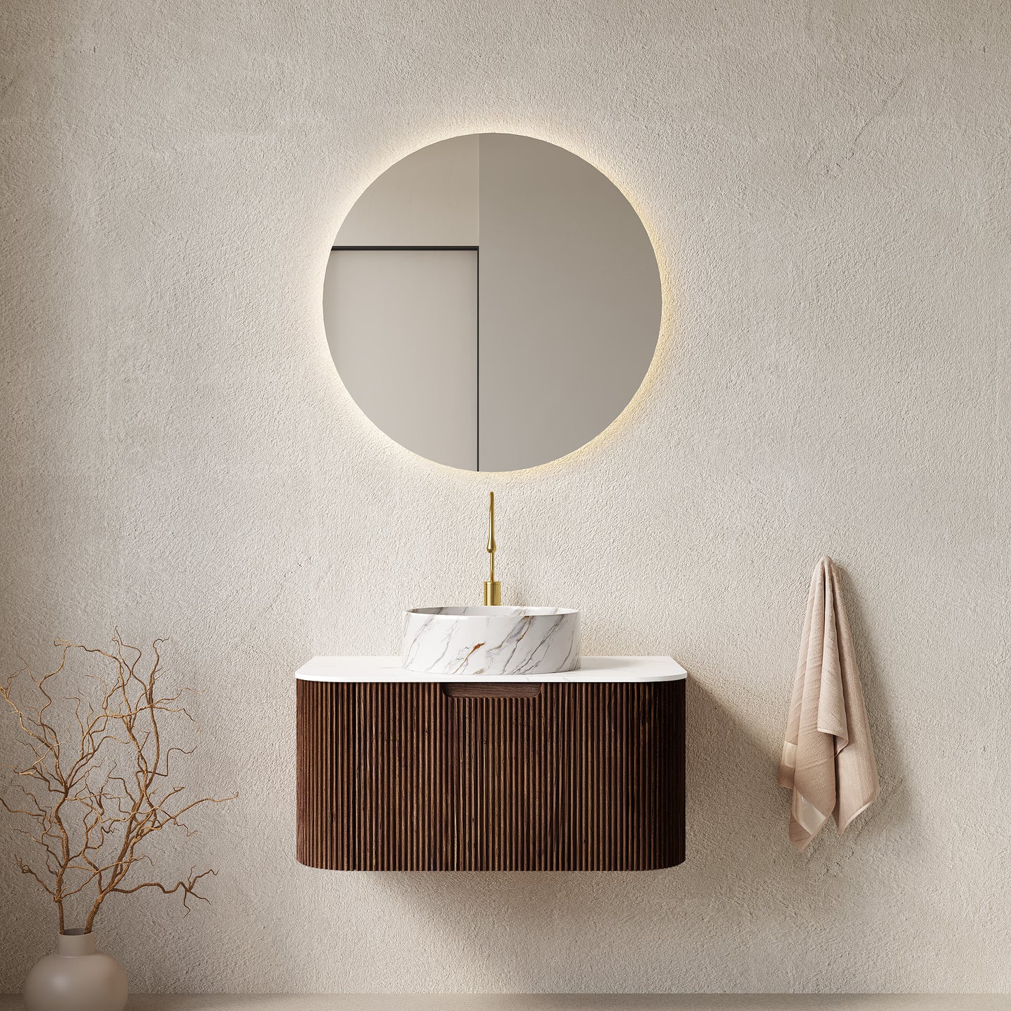 DINA 30' Bathroom Vanity with Sink, Wall-Mounted Floating Curved Edges Striped Bathroom Storage Cabinet with Drawer, White Ceramic Basin without Faucet, Pre-assembled, Dark Walnut Woodgrain Color