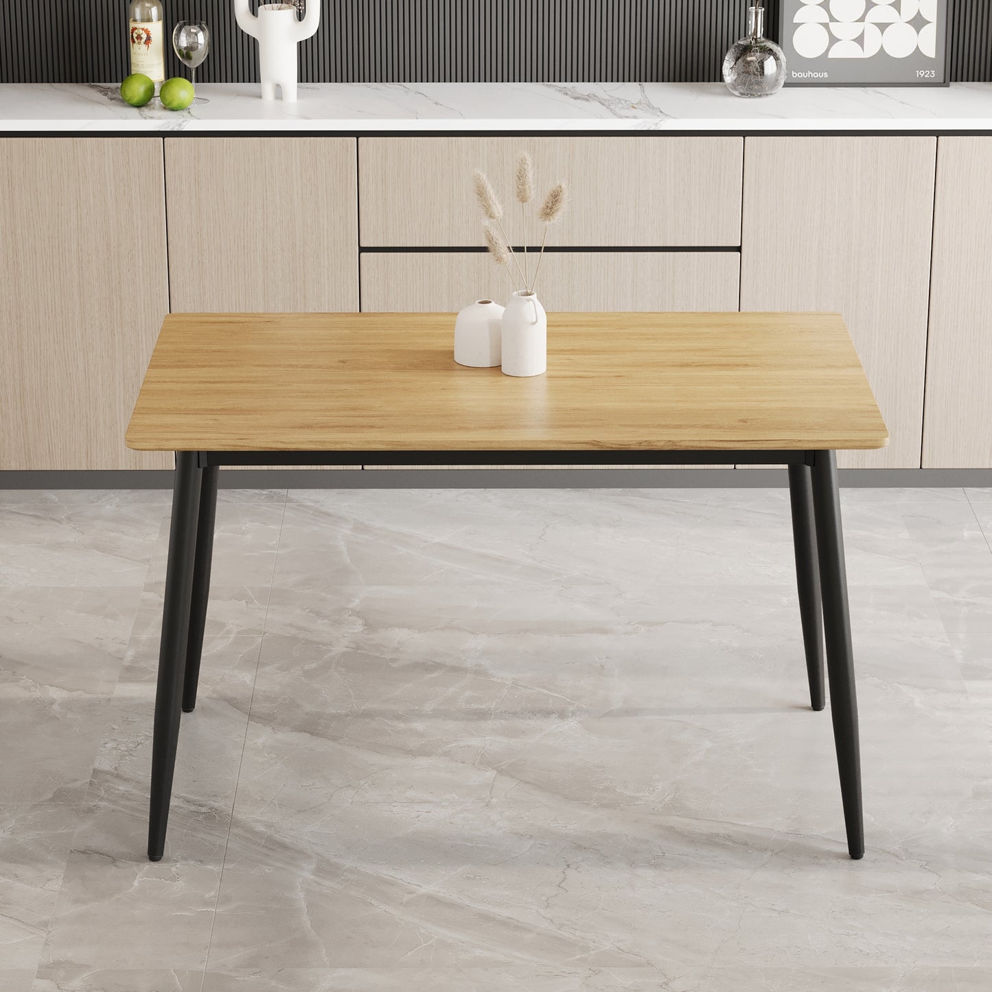Modern minimalist MDF grain tabletop dining table, stylish dining table, kitchen dining table, sturdy and durable, easy to assemble, black metal leg design, suitable for 4-6 people, suitable for home