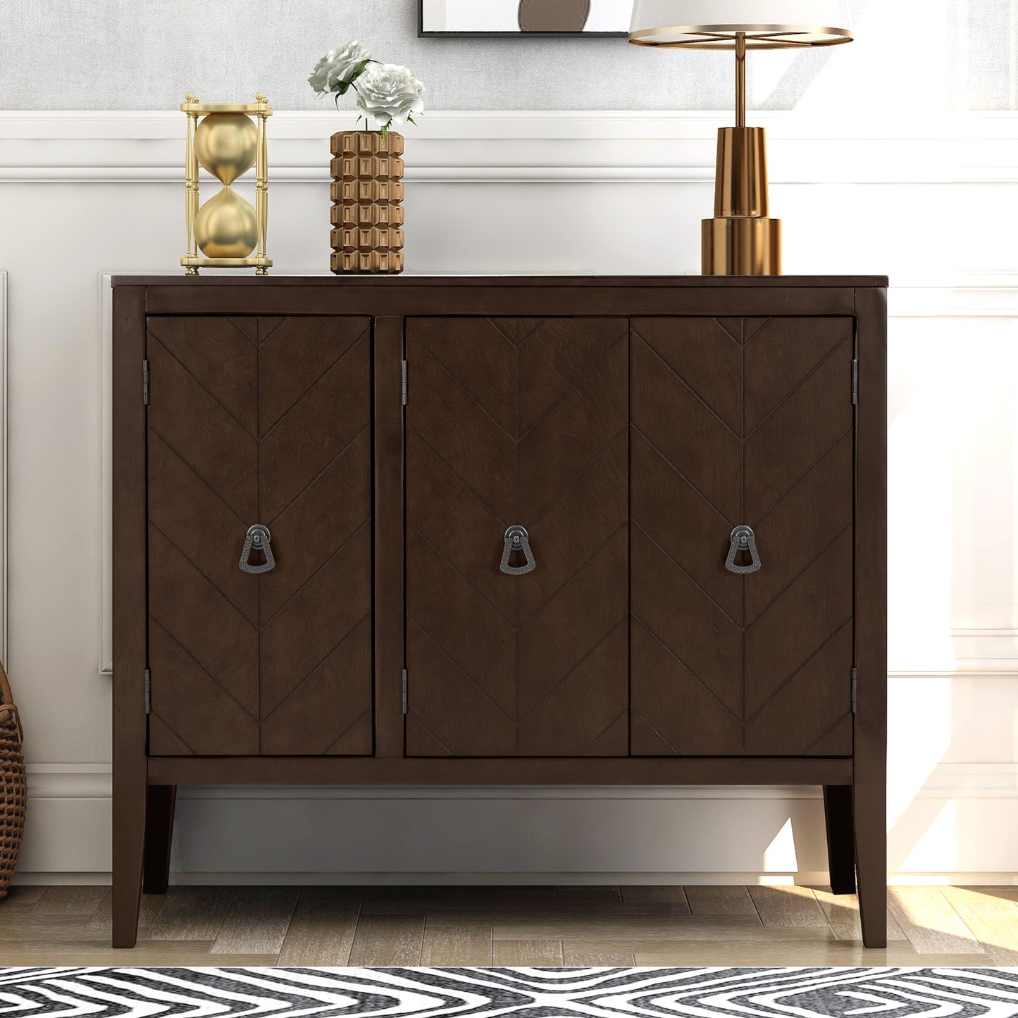 U_STYLE Adjustable Shelf Storage Sideboard with 3 Retro Metal Handles and 4 Pinewood Legs, for Entryway, Living Room, Study Room, Dining Room