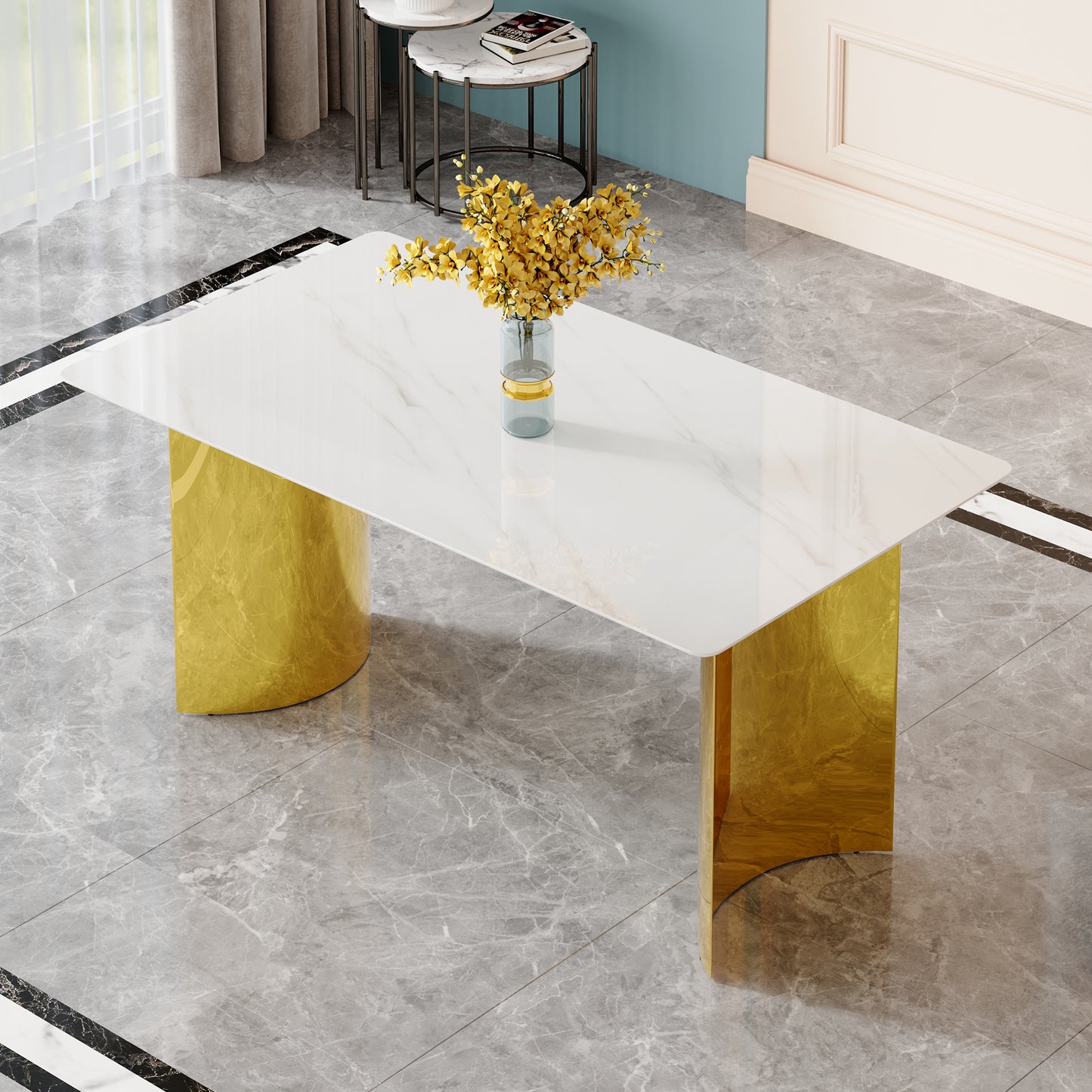 Modern minimalist dining table. White imitation marble glass sticker tabletop, golden table legs, stable and beautiful. Suitable for living room and dining room 63' *35.4' *30 DT-69