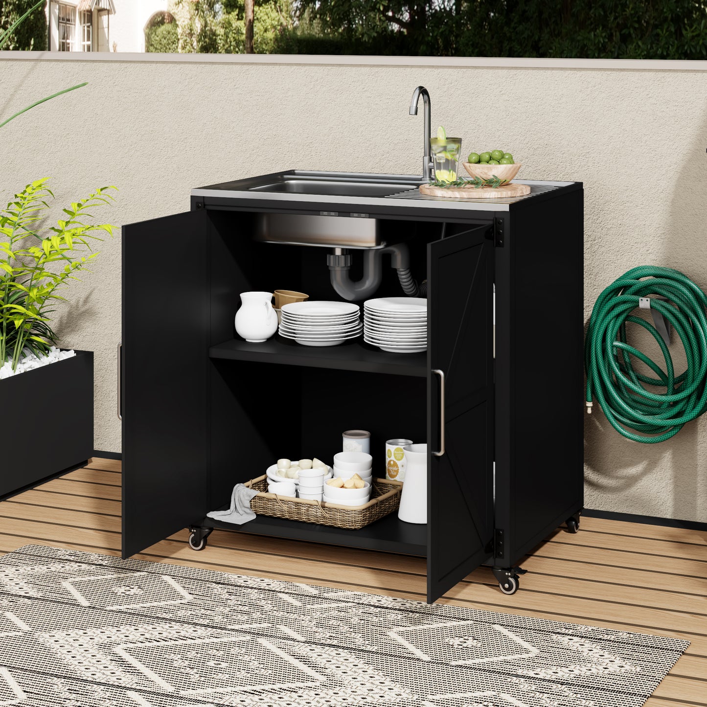 Outdoor Movable Kitchen Sink Patio Modular Kitchen Sink Station with Cabinet for Garden, Patio, Backyard, Matte Black