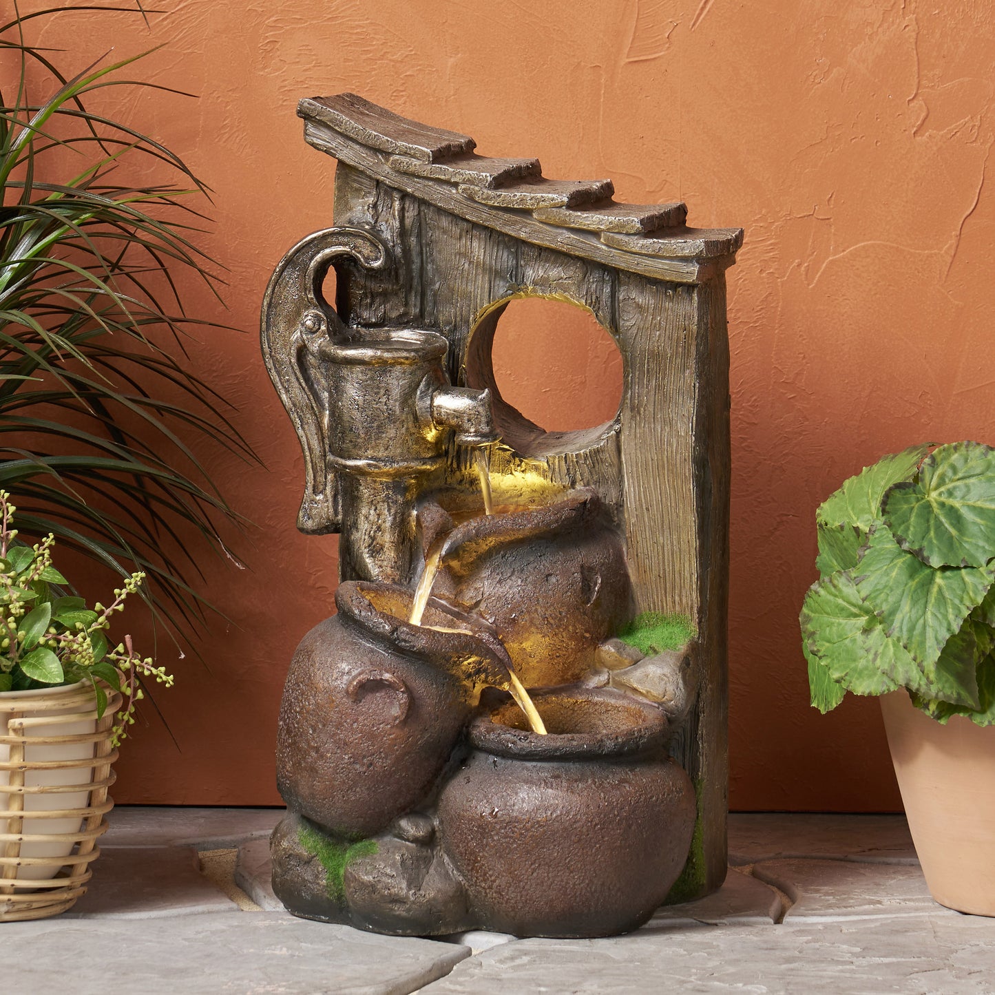 23.25' High ADRIAN 3 TIER FOUNTAIN Outdoor Weather Resistant Floor Fountain with Light, Brown + Gray