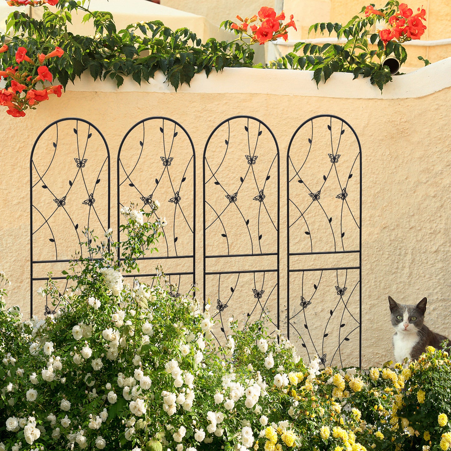 4 Pack Metal Garden Trellis 71' x 19.7' Rustproof Trellis for Climbing Plants Outdoor Flower Support Butterfly Deco Black