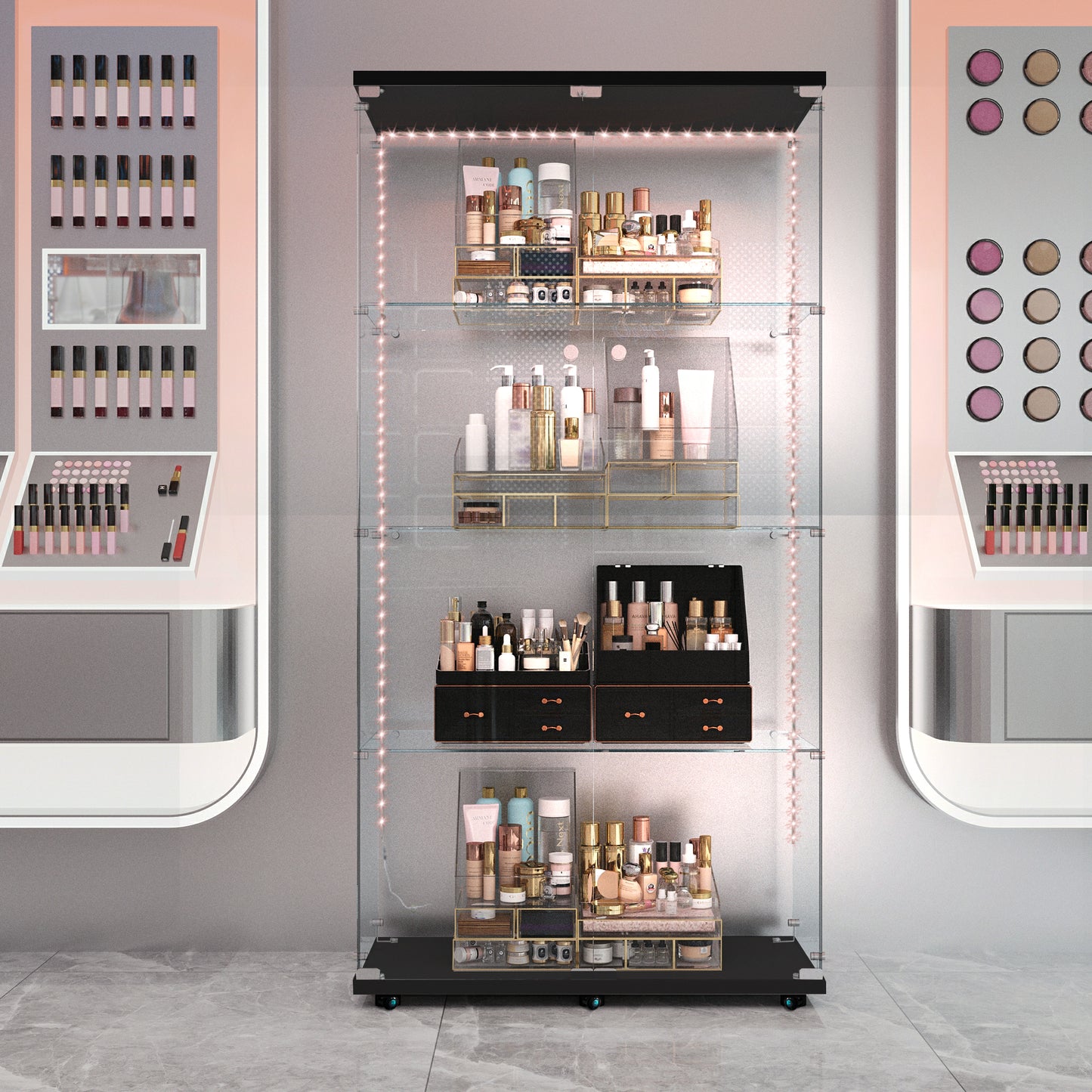 Tempered glass display cabinet, wine cabinet,storage cabinet,file cabinet,with Bluetooth LED light strip,lock on the door,equipped with cast,easy to move,for living room, bedroom,hallway,Office,black