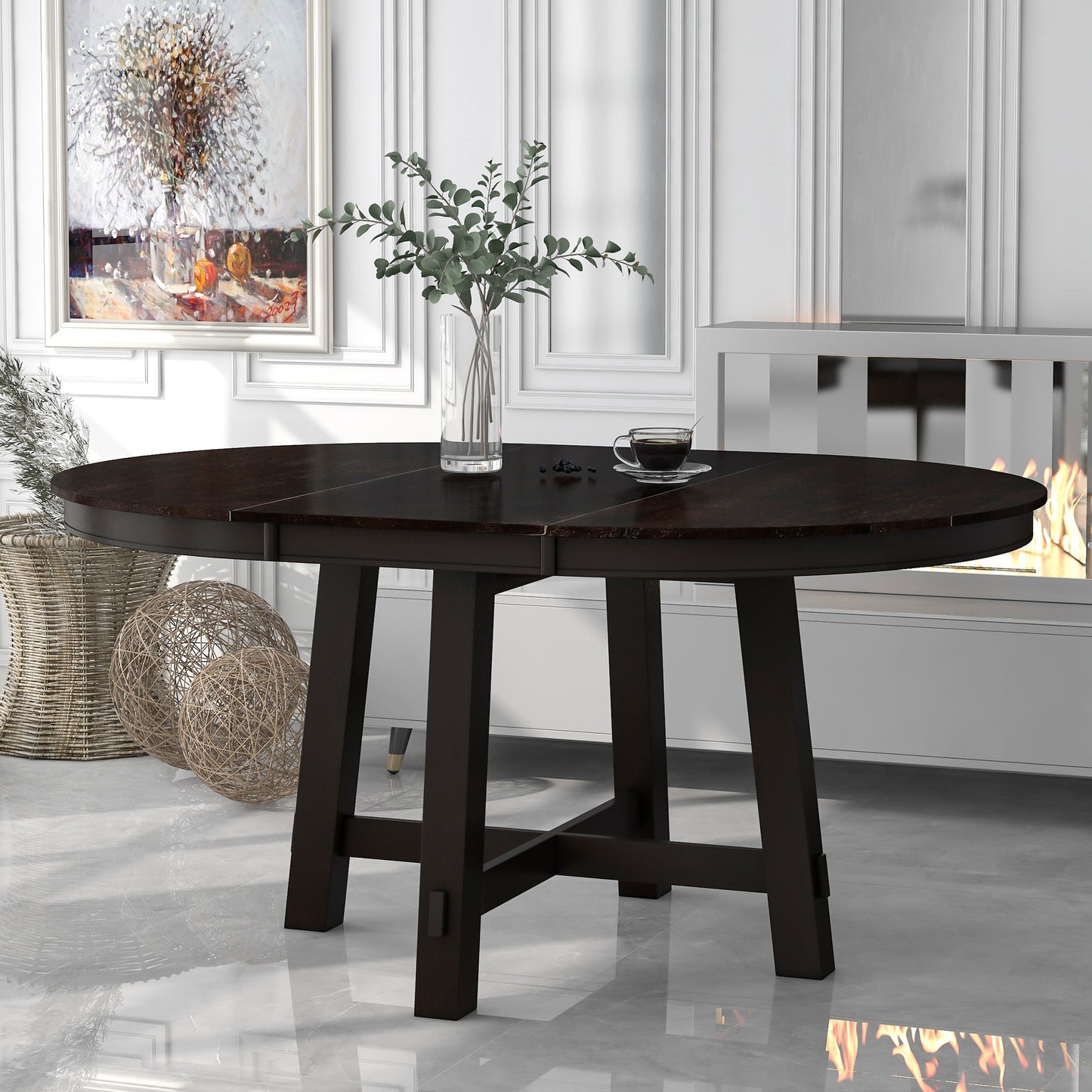 TREXM Farmhouse Round Extendable Dining Table with 16' Leaf Wood Kitchen Table (Espresso)