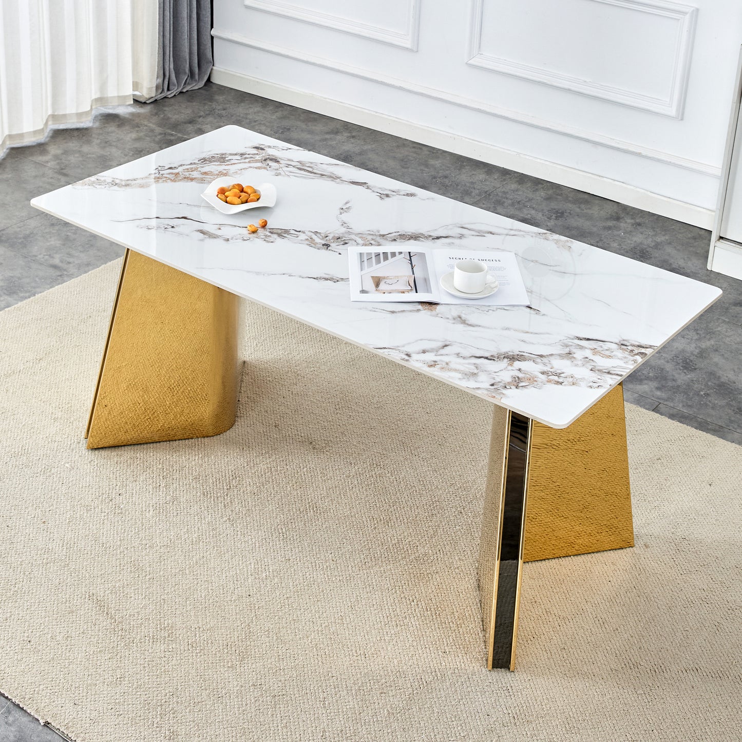 63'x31.5x30' Luxurious Cold Jade Slab Dining Table with Golden Stainless Steel Butterfly Legs.The tabletop is designed to be scratch and heat resistant.Slabs Tabletop,Golden Stainless Steels Legs.