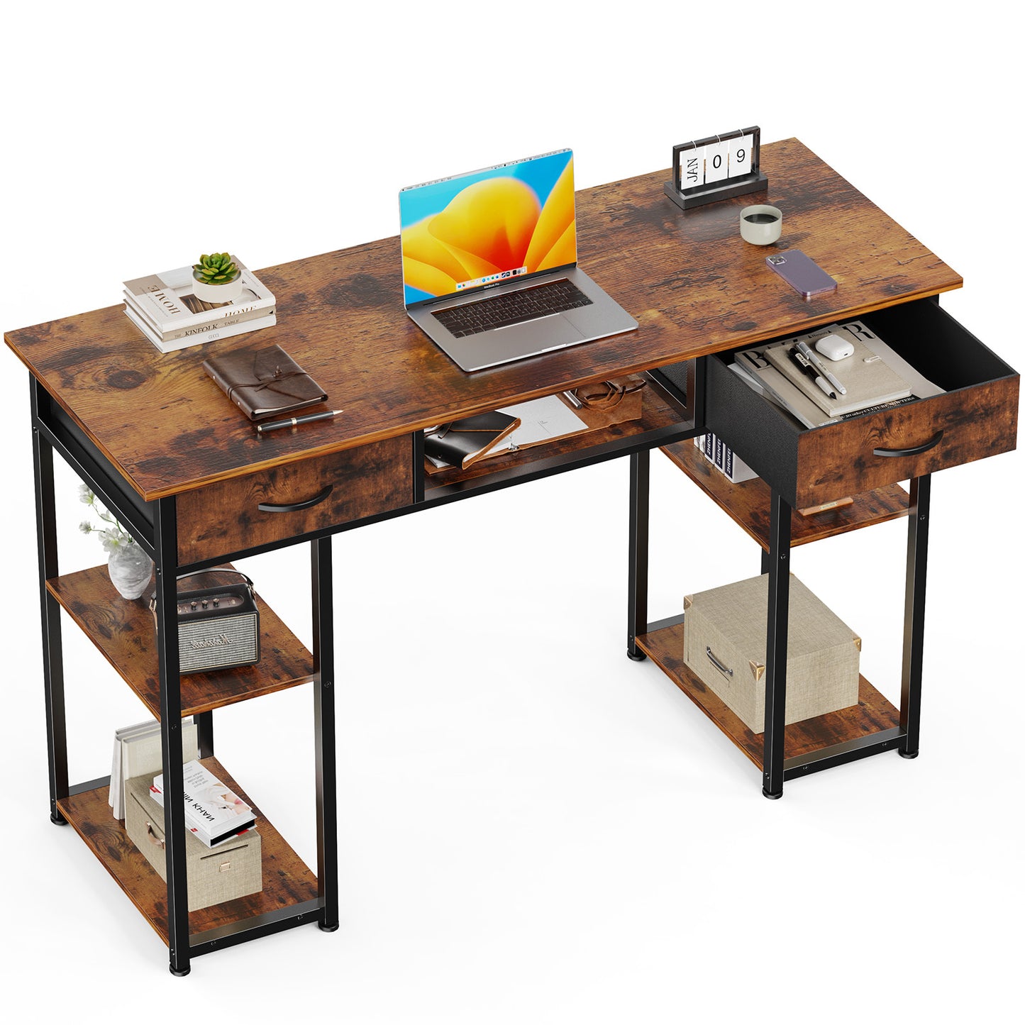 Computer Desk 48 Inch Home Office Bedroom Writing Study PC Table with Fabric Drawers Storage Shelves Space Headphone Hook Metal Frame Adjustable Feet Modern Simple Style