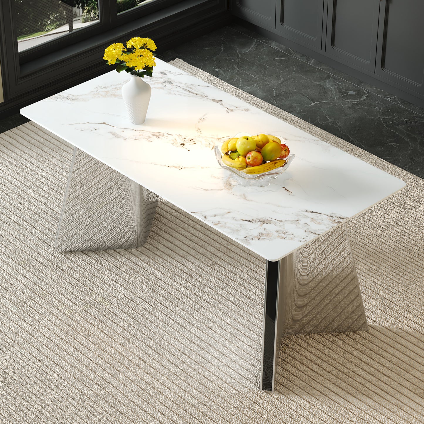 63'x31.5x30' Luxurious Cold Jade Sintered Stone Dining Table with Silver Stainless Steel Butterfly Legs.The tabletop is designed to be scratch and heat resistant.Sintered Stone Tabletop.