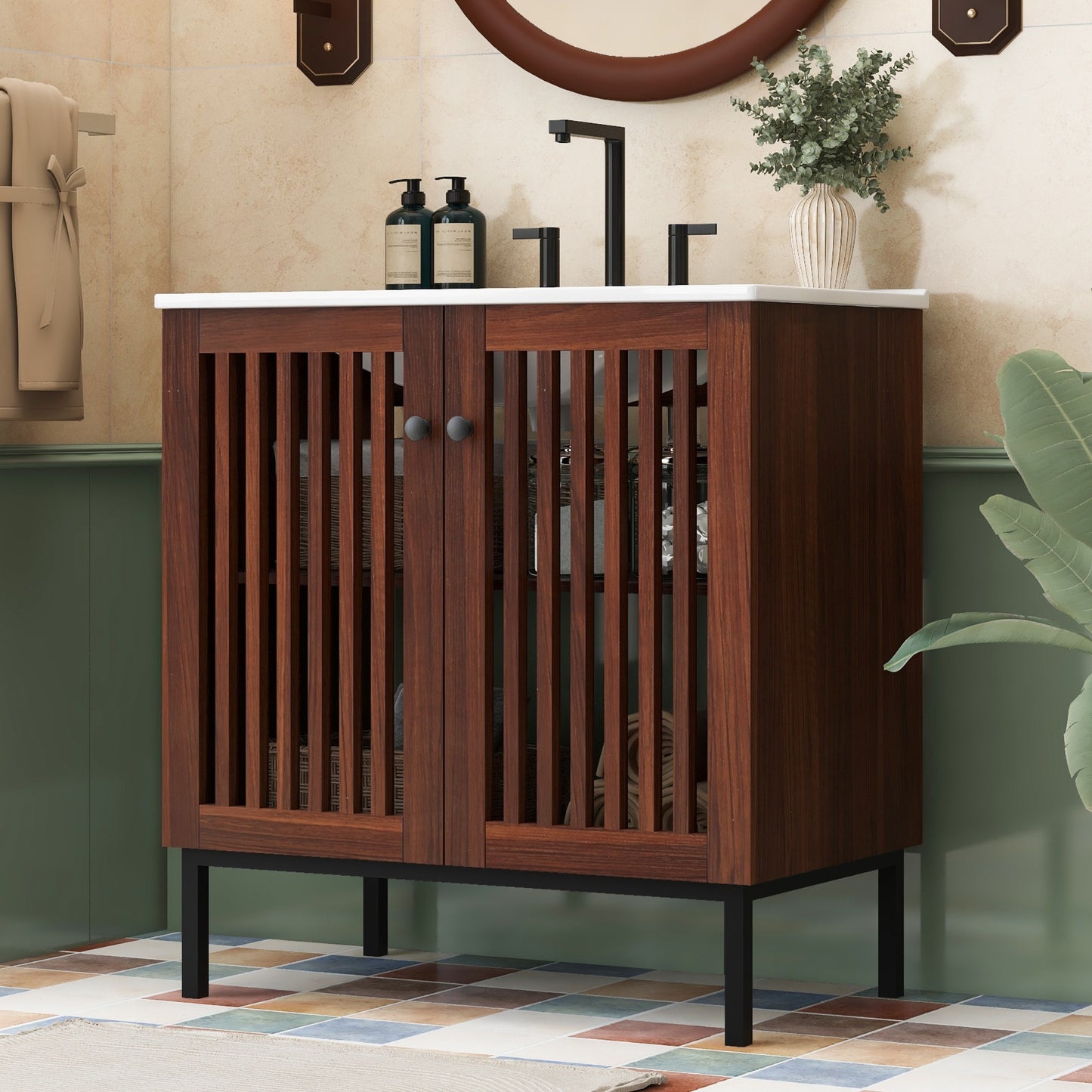30' Vintage Bathroom Vanity with Ceramic Sink, Modern Bathroom Vanity Cabinet with 2 Soft-Close Doors (Fence-Design) and Large Storage Space, Equpiied with 4 Sturdy Iron Legs, Antique Dark Brown