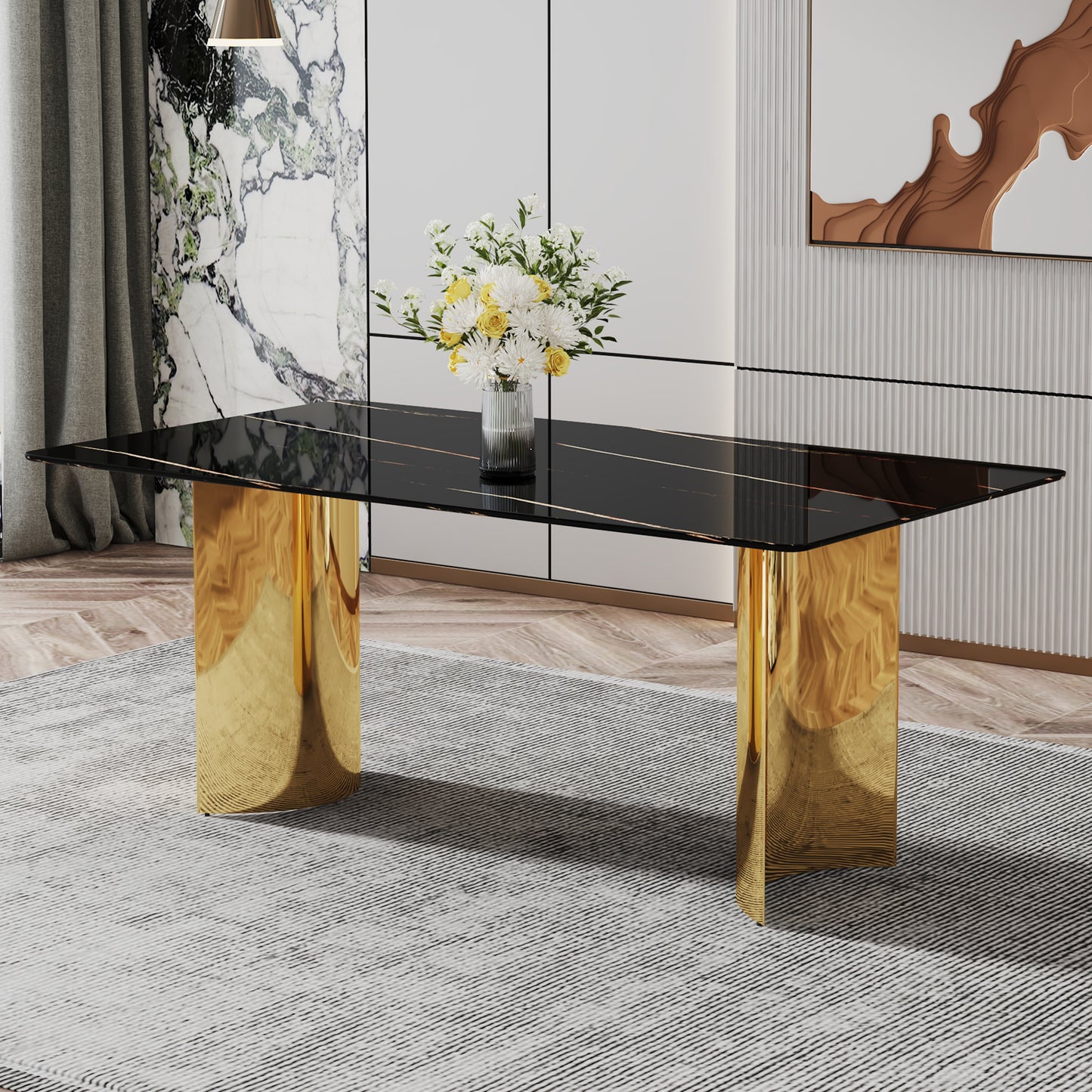 Modern minimalist dining table. The black patterned glass desktop is equipped with golden metal legs. Suitable for restaurants and living rooms 71' *39.3' *29.5' DT-69