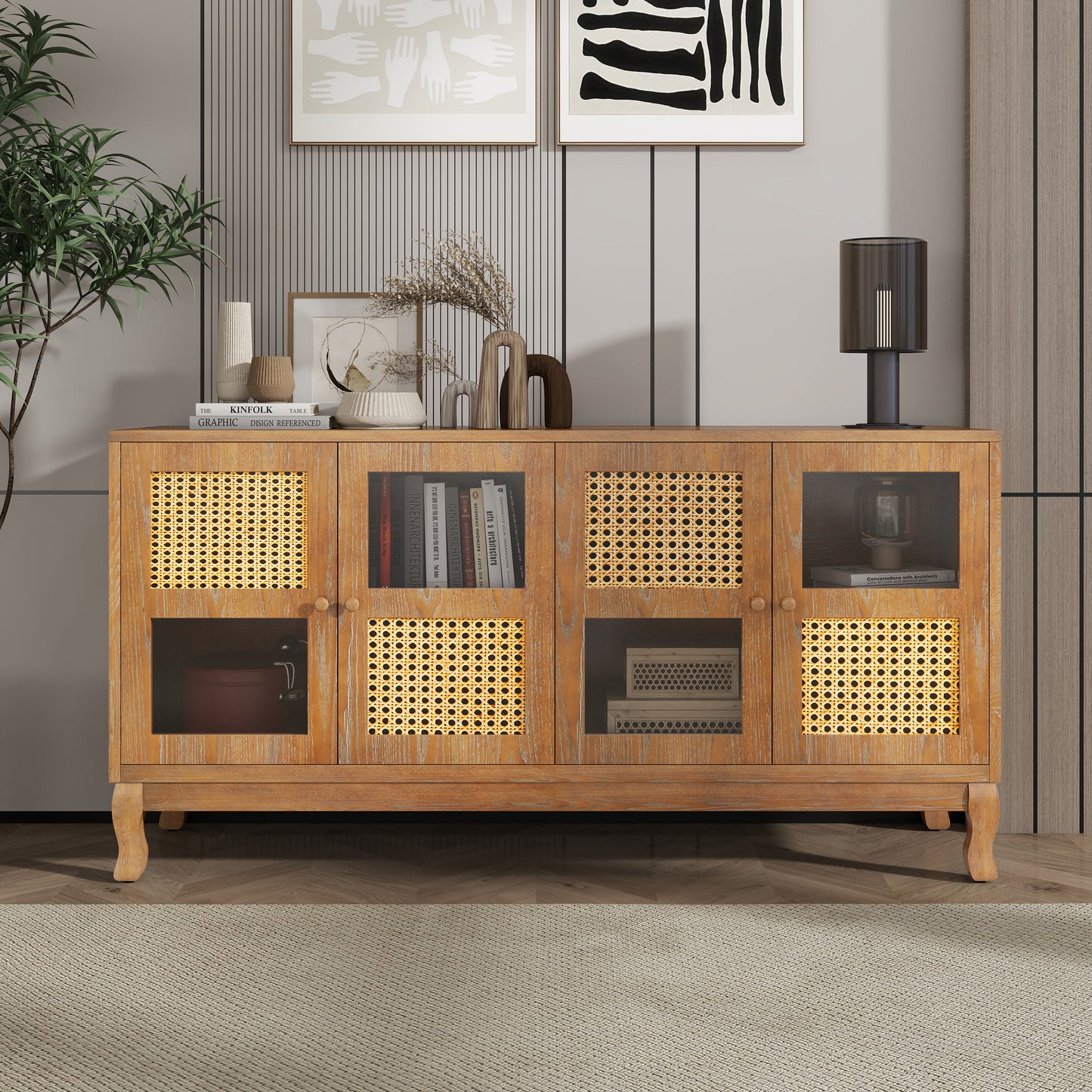 Retro 4-Door Sideboard with Large Storage Space Artificial Rattan Doors and Transparent Glass, Accent Cabinet for Entryway Dining Room Kitchen Living Room,(Antique Brown)