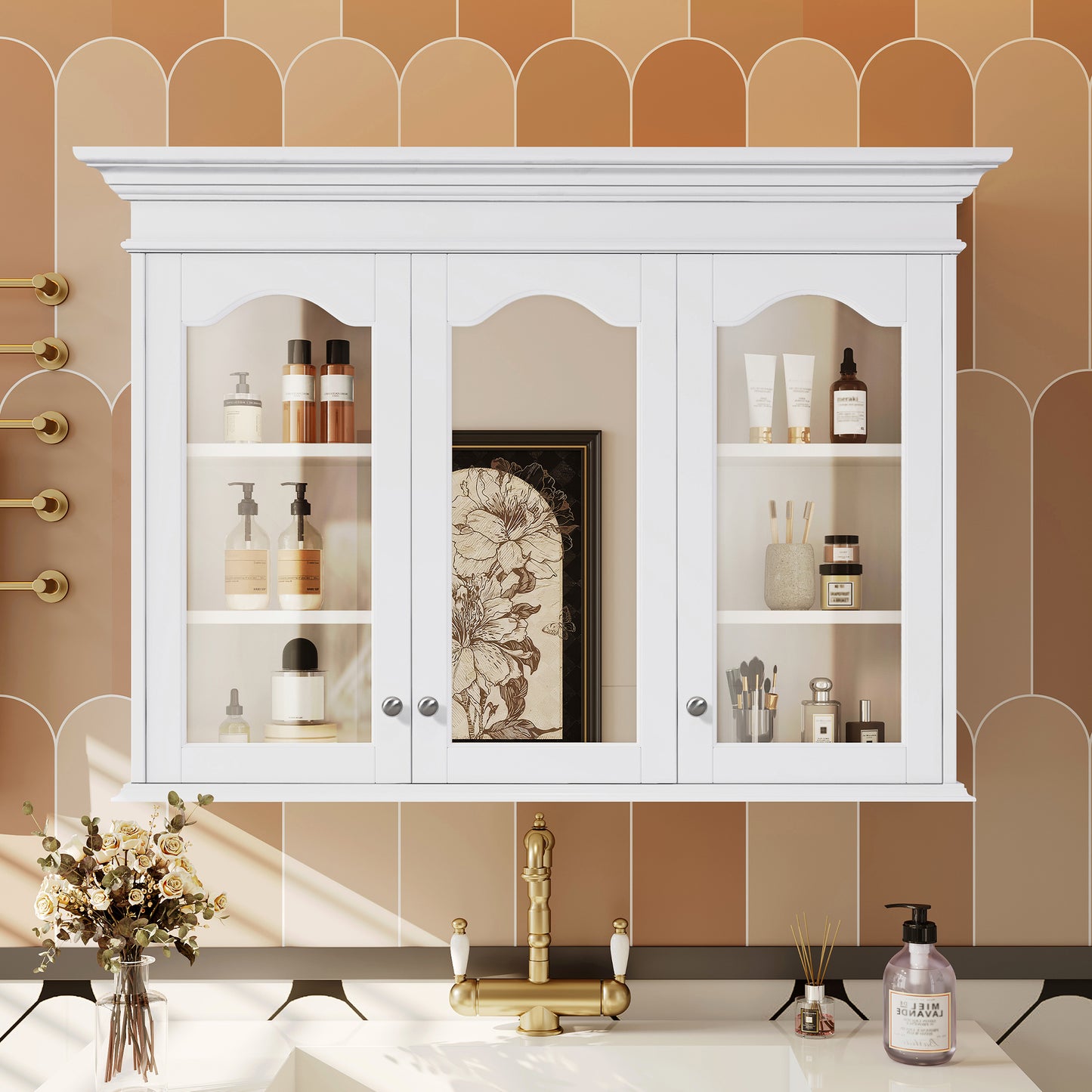 40' Medicine Cabinet with Mirror, Bathroom Storage Cabinet with Mirror Door and Shelves, Wall Mounted Bathroom Cabinet with Glass Doors