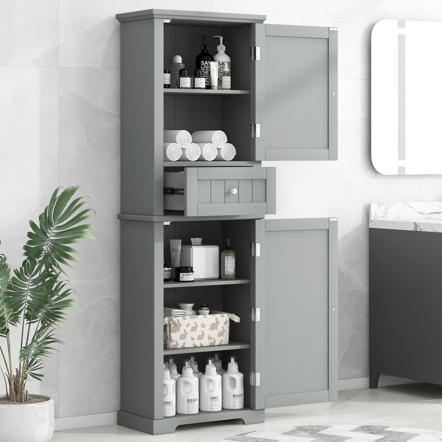 Tall Bathroom Storage Cabinet, Freestanding Storage Cabinet with Drawer and Adjustable Shelf, MDF Board with Painted Finish, Grey (Old Sku:WF312727AAE)