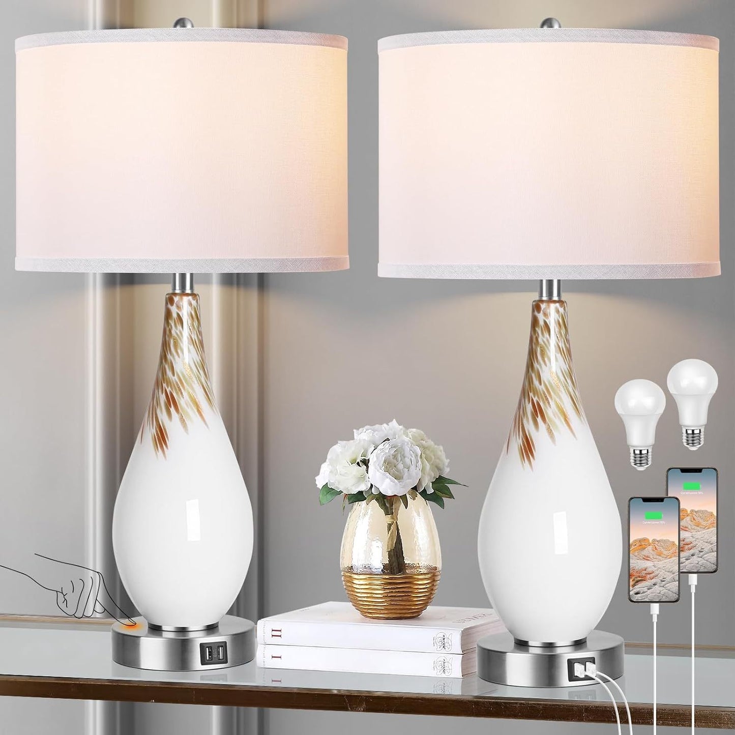 Touch Control Table Lamps Set of 2, 27.5' Tall Modern Art Glass Bedside Lamp with USB Ports, 3-Way Dimmable Hand Crafted Nightstand Lamps White Drum Shade for Living Room Bedroom Home