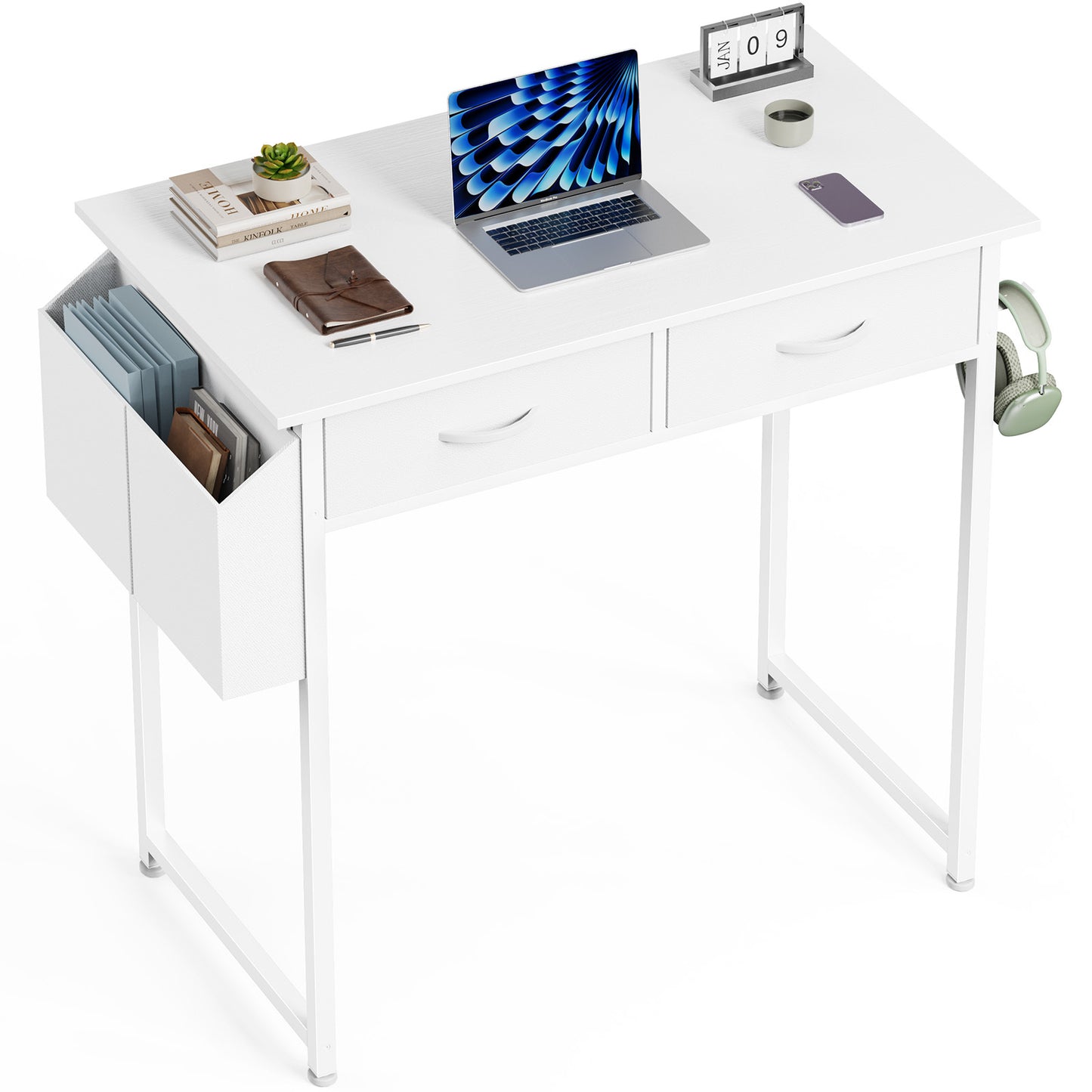 Computer Desk Small Home Office Bedroom Writing Study PC Table with Storage Space Fabric Side Bag Headphone Hook