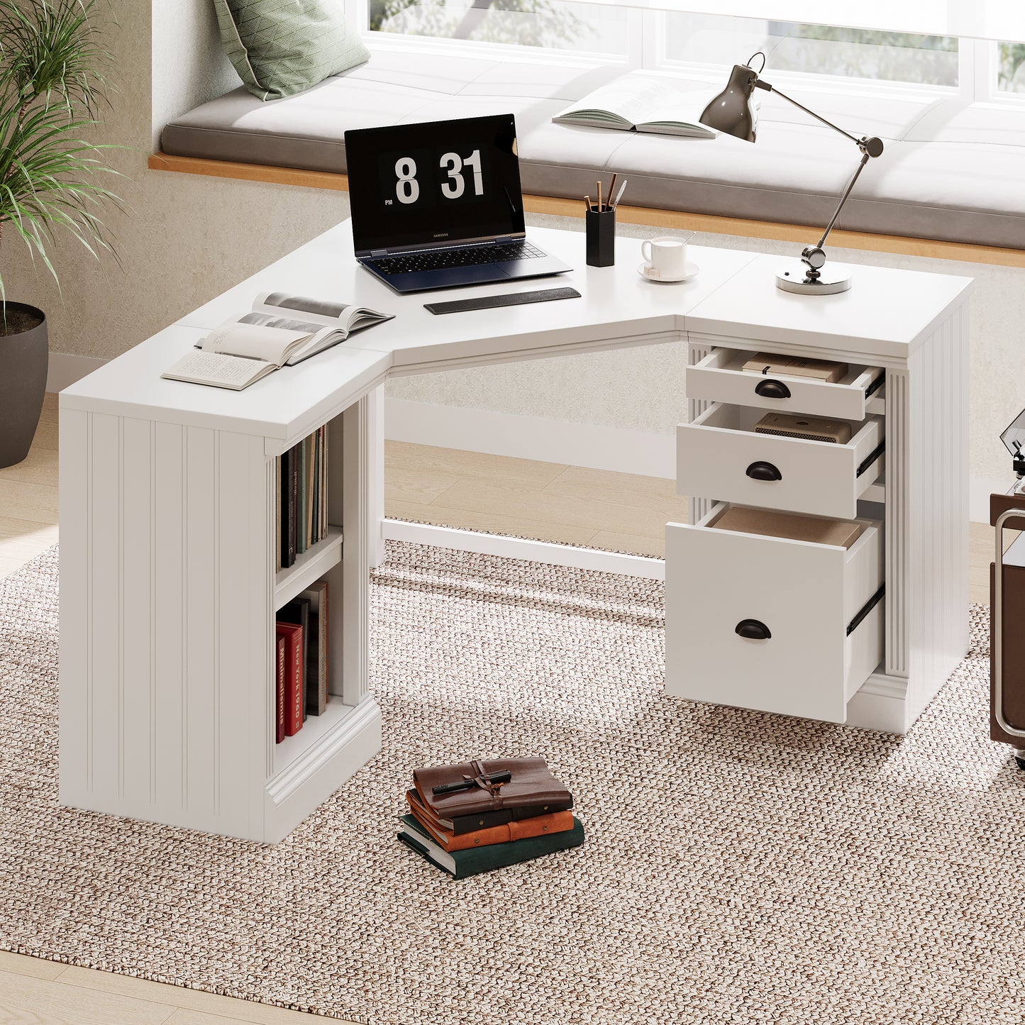 57.68' Modern L Shaped Executive Desk with 2 Storage Cabinets and 3 Drawers,Corner Writing Desk,Office Desk Furniture,Computer Desks with Depth Workstation for Home Office,Living room,White