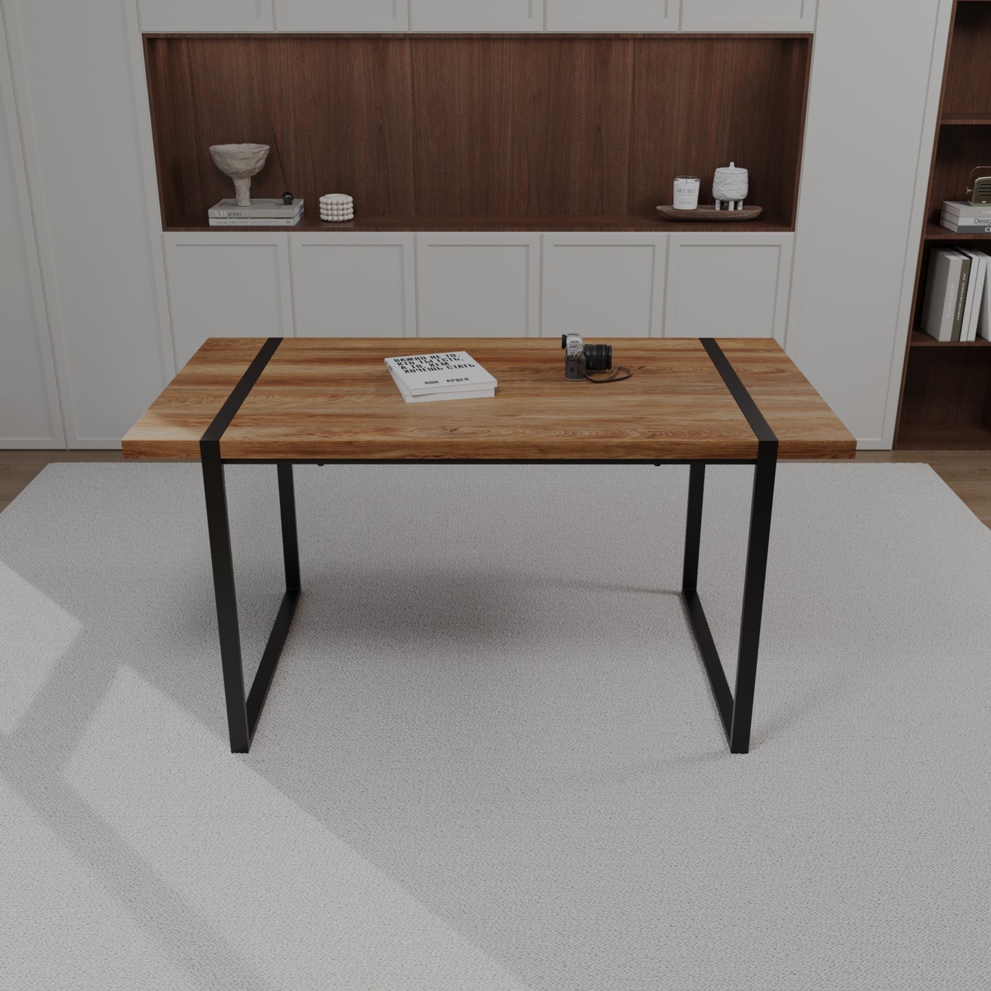 59 ' dining table modern industrial rectangular MDF natural wood , 4-6 people, 1.5' thick engineering wood tabletop and black rectangular metal legs, used for home & kitchen