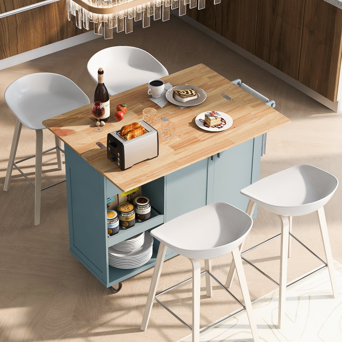 K&K Kitchen Island with Foldable Counter Top, Kitchen Storage Cart with Slide-Out Shelf, Towel Rack and Drawer, Rolling Kitchen Cart on Wheels, for Kitchen, Living Room, Dining Room, Grey Blue