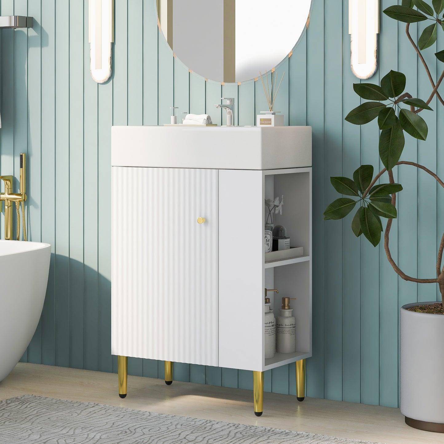 21.6' White Bathroom vanity, Combo Cabinet, Bathroom Storage Cabinet, Single Ceramic Sink, Right Side Storage