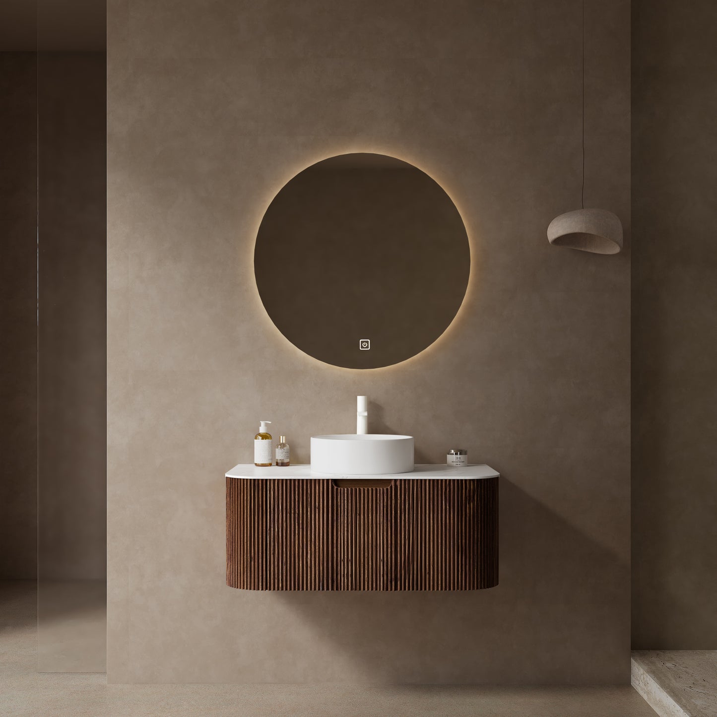 DINA 36' Bathroom Vanity with Sink, Wall-Mounted Floating Curved Edges Striped Bathroom Storage Cabinet with Drawer, White Ceramic Basin without Faucet, Pre-assembled, Dark Walnut Woodgrain Color