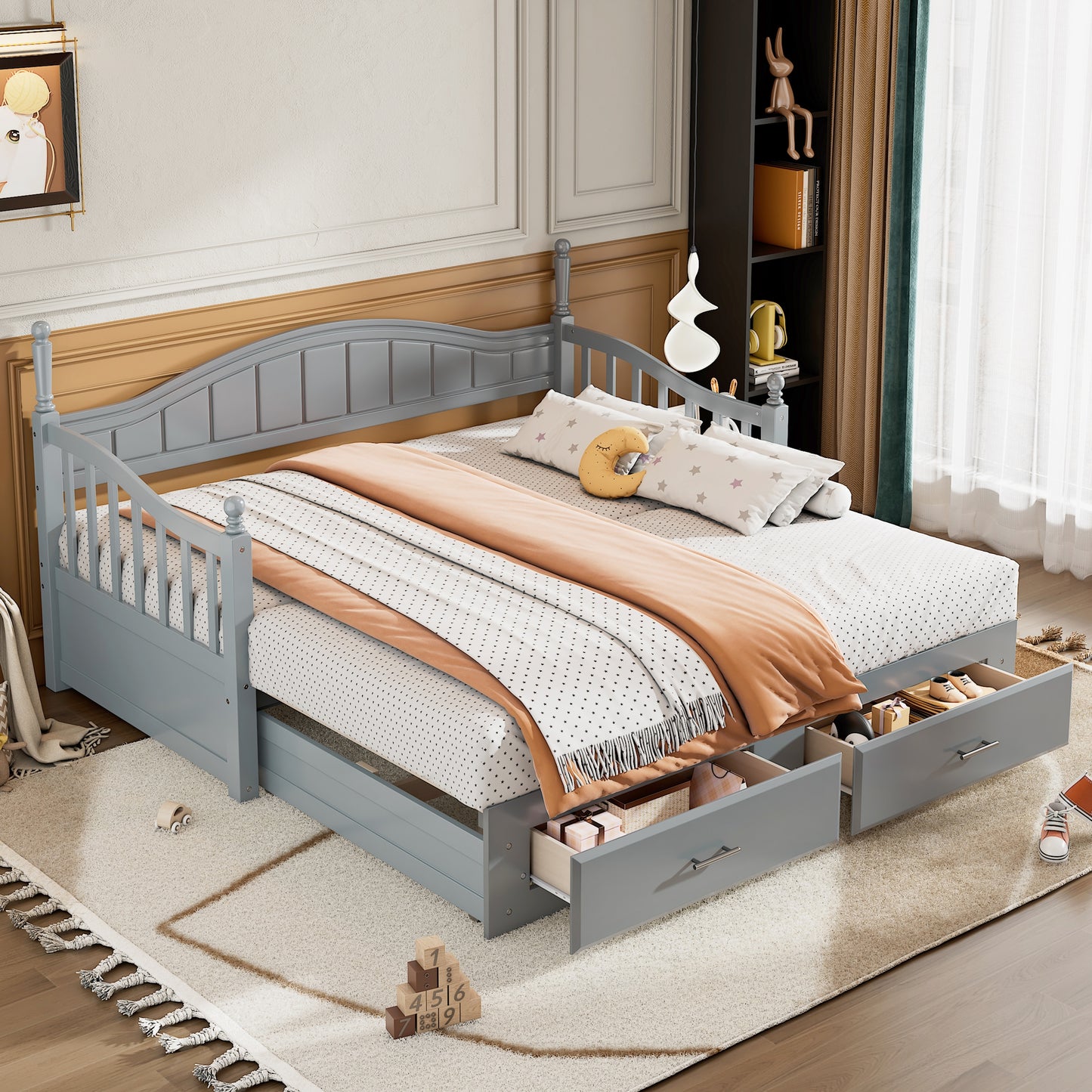 Wooden Twin Size Daybed with Twin Size Trundle, Extendable Daybed with Two Storage Drawers,Gray(Expected Arrival Time:9.12)