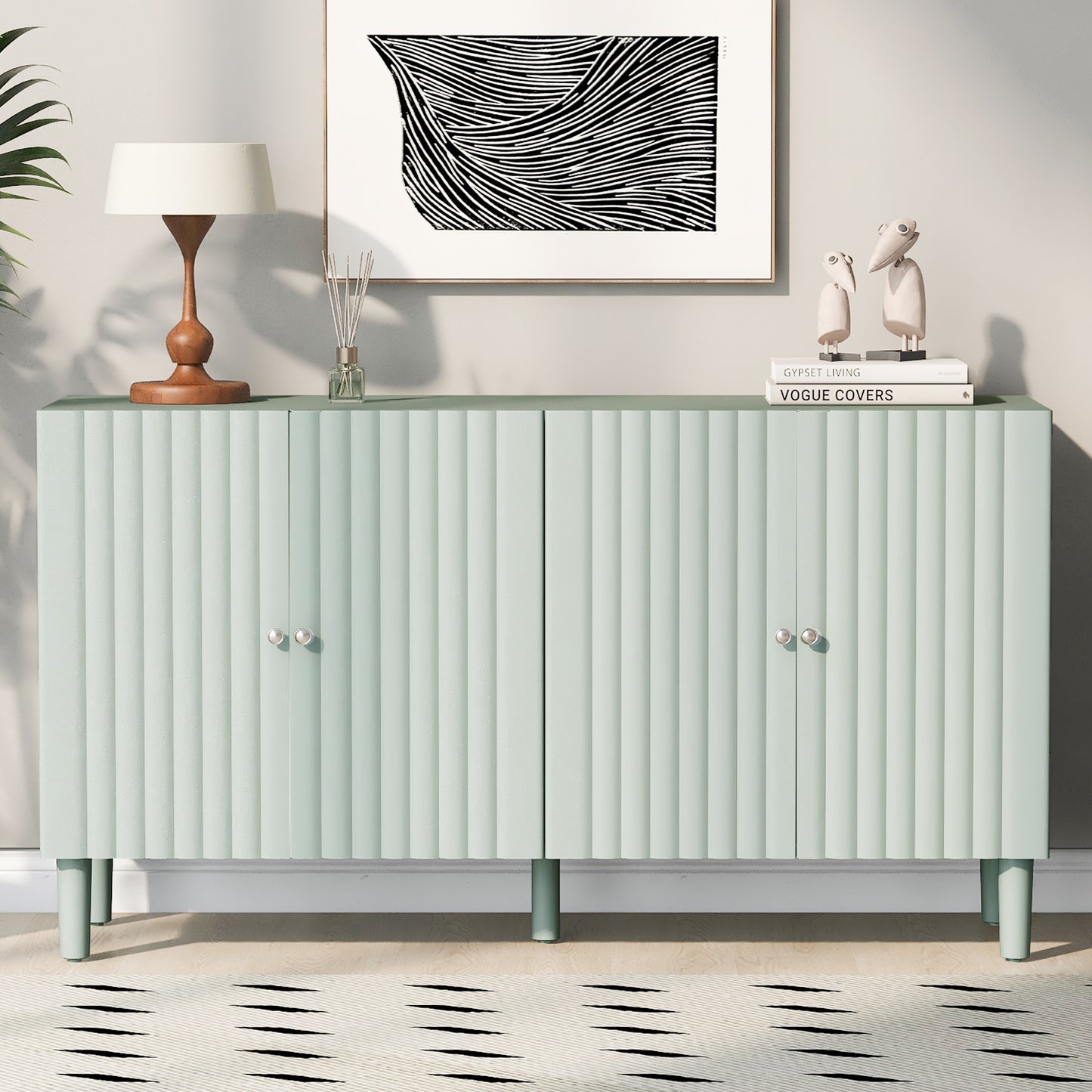 U_STYLE Elegant Four-Door Sideboard with Wavy Pattern Doors, Cylindrical Legs, and Sleek Metal Handles, Adjustable, Suitable for Study, Entryway and Living Room