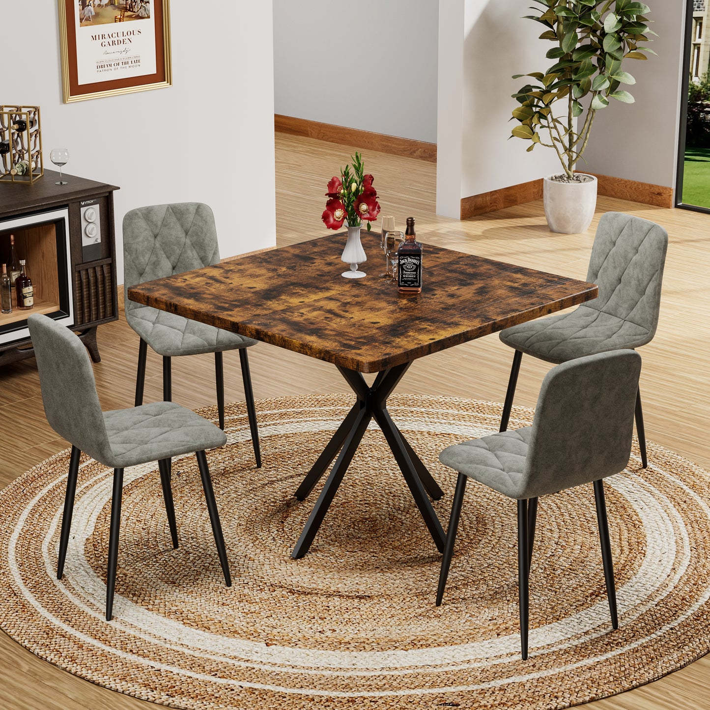 Square Dining Table Set, Mid Century Modern Square Dining Table for 4 Person, Faux Marble Tabletop, Iron Legs, Coffee Table for Kitchen Dining Room, Office, Save Space