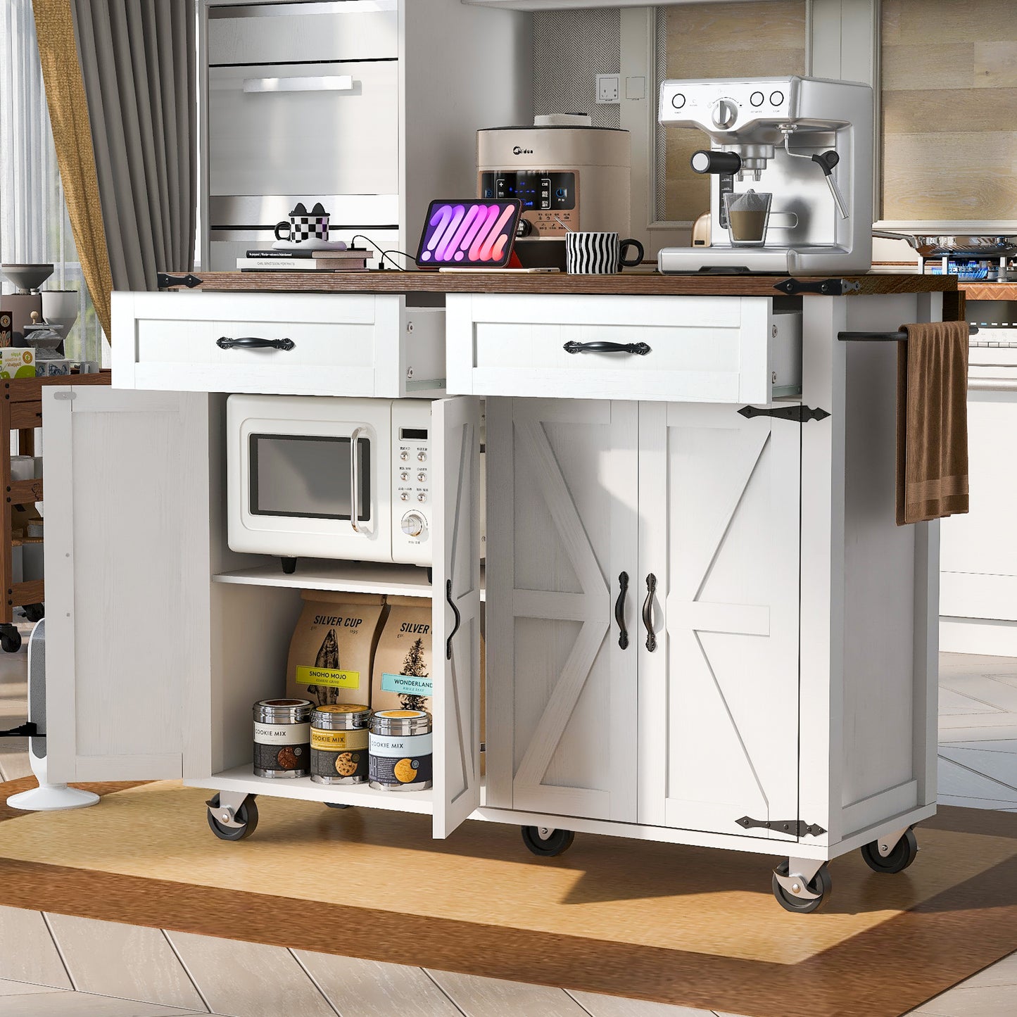 K&K 53.5''Farmhouse Kitchen Island with Power Outlet, Kitchen Storage Island with Drop Leaf, Spice Rack and Drawer, Rolling Kitchen Cart on Wheels, for Home, Kitchen and Dining Room, White
