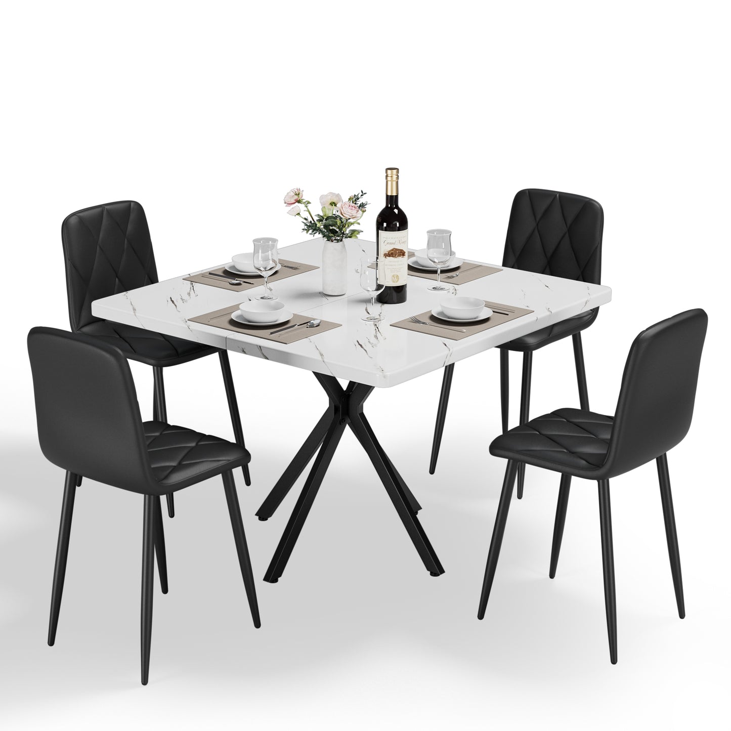 Square Dining Table Set, Mid Century Modern Square Dining Table for 4 Person, Faux Marble Tabletop, Iron Legs, Coffee Table for Kitchen Dining Room, Office, Save Space