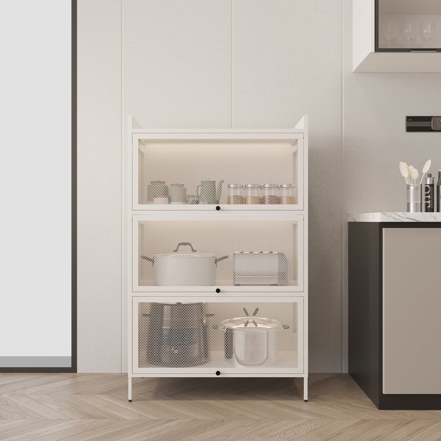 Pantry Storage Cabinet with Doors and Retractable Doors, Freestanding Cupboard Cabinets for Dining Room Living Room, White