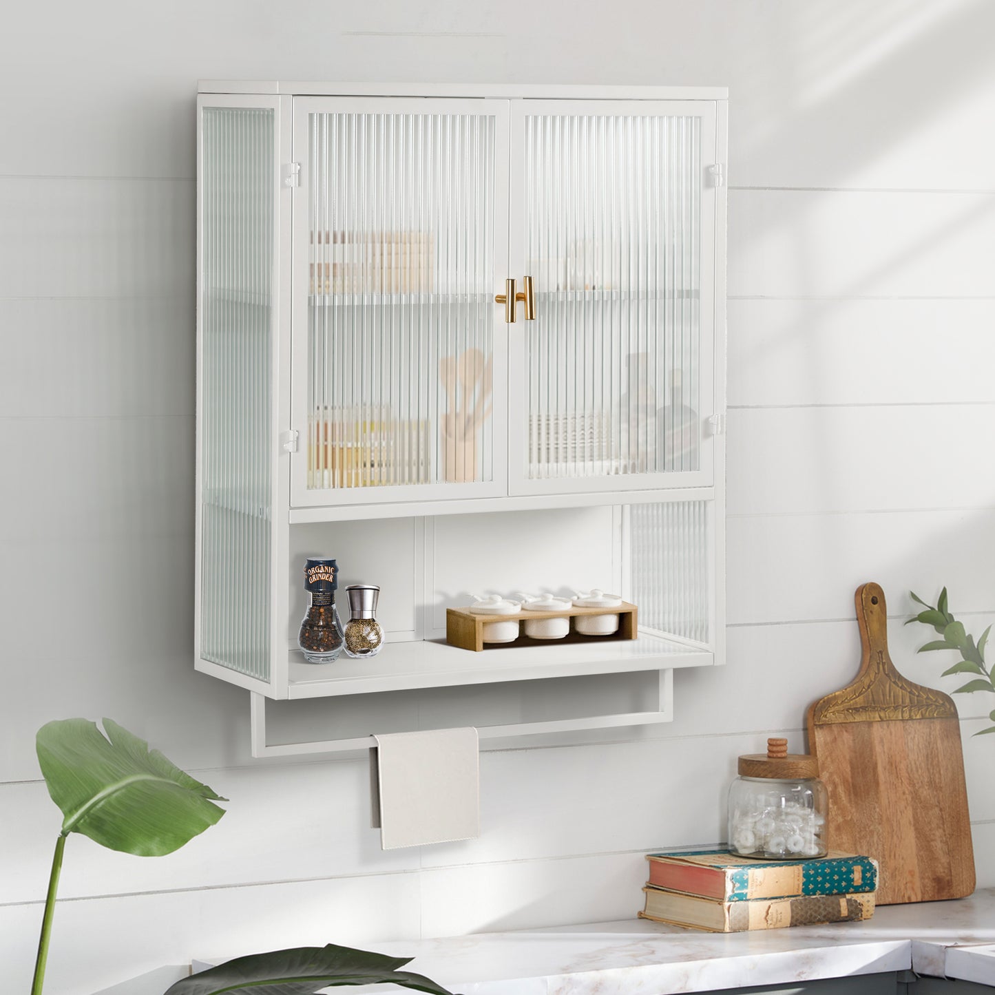 23.62'Glass Doors Modern Two-door Wall Cabinet with Featuring Two-tier Enclosed Storage, an Open Shelf, and Towel Rack, for Entryway Living Room Bathroom Dining Room