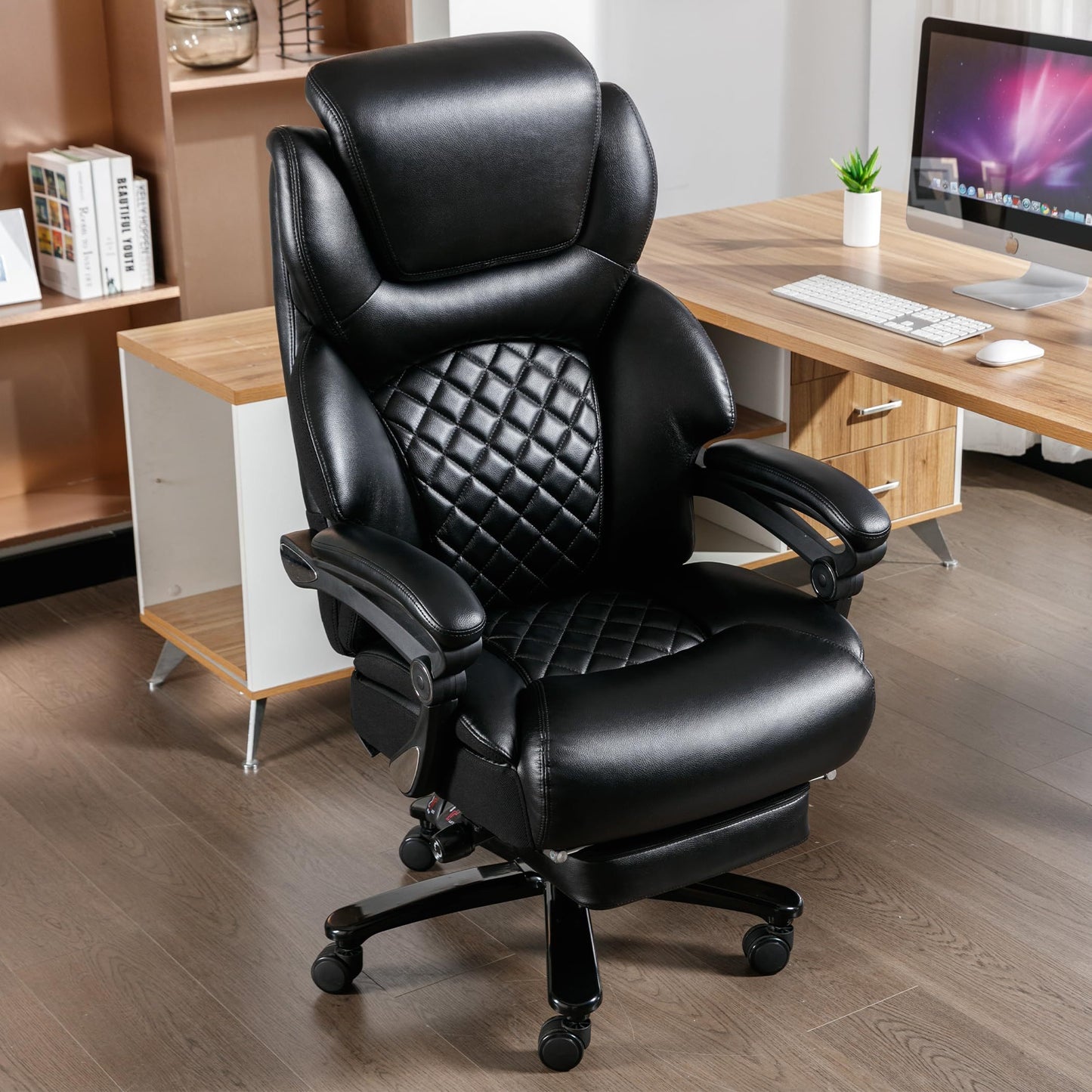 Big and Tall Office Chair 500 lbs, Extra Wide High Back Office Chair for Heavy People, Reclining Executive Comfortable Office Chair with Footrest and Lumbar Support, Leather