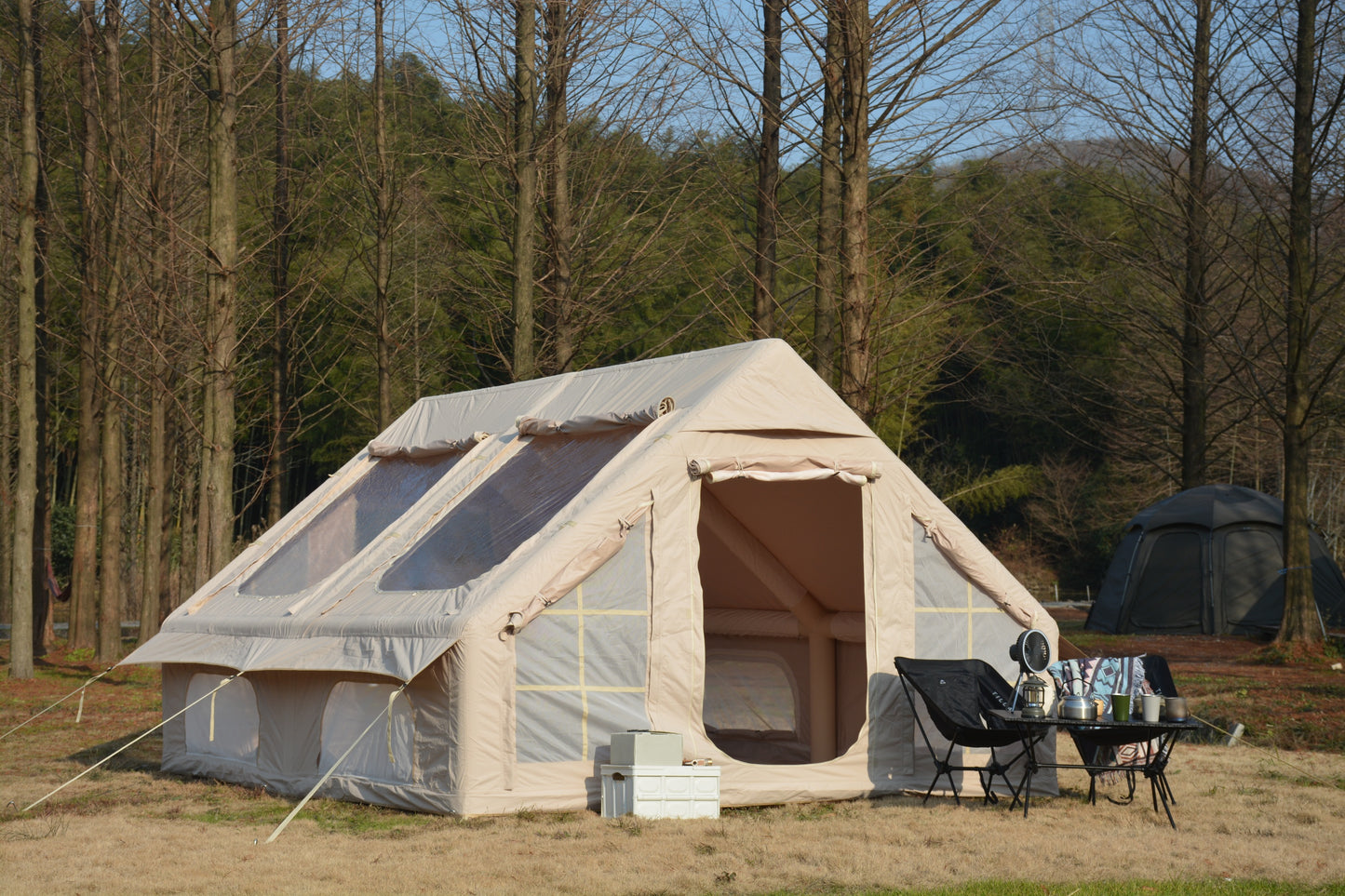9.8 x13ft Inflatable Camping Tents with Hand Pump, Air Glamping Tents, Easy Setup Waterproof and Windproof Blow up Tent, 4 Seasons Oxford Cabin Tent with Mesh & Chimney Window. Beige