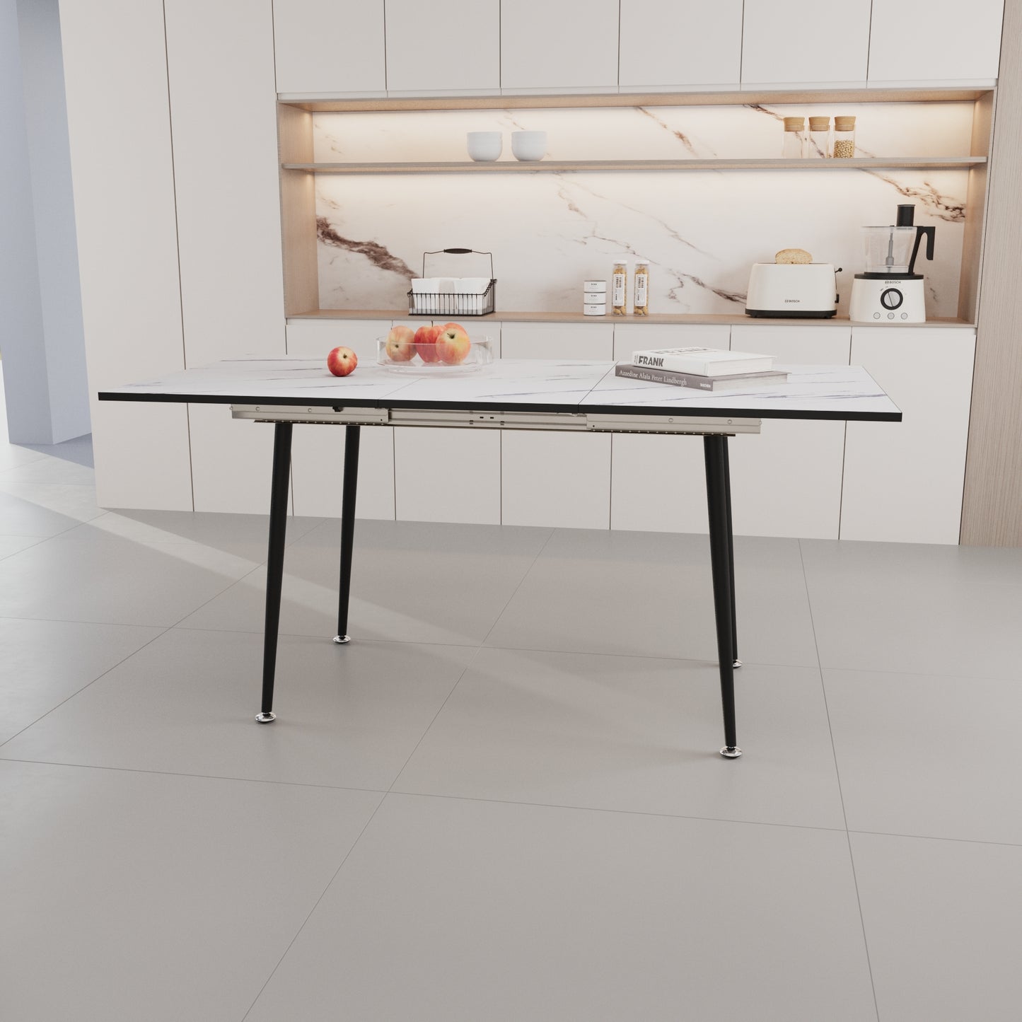 47' expandable to 63' inch MDF square white marble patterned dining table, modern industrial kitchen and dining table, equipped with tapered black metal legs