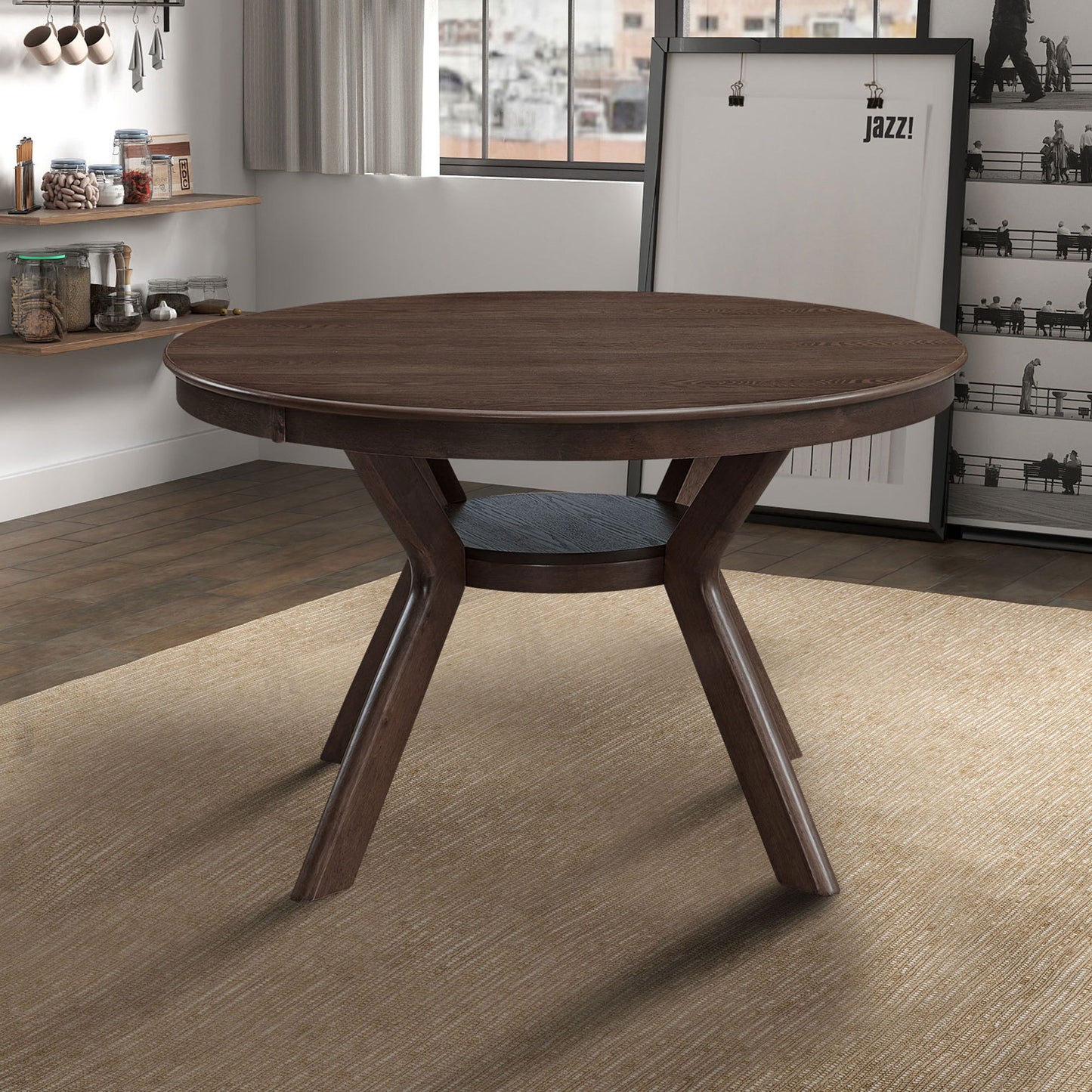 47.24''Round Rubber Wood Dining Table for 4-6 with Wooden Trestle Pedestal Base,Modern Kitchen Wooden Table Dinner Table for Dining Room, Living Room,Dark Brown(1Table)